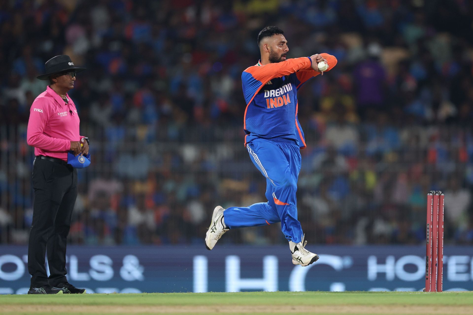 Varun Chakravarthy of India bowls during the T20 International match between India and England at MA Chidambaram Stadium on January 25, 2025, in Chennai, India. (Photo by Michael Steele/Getty Images)