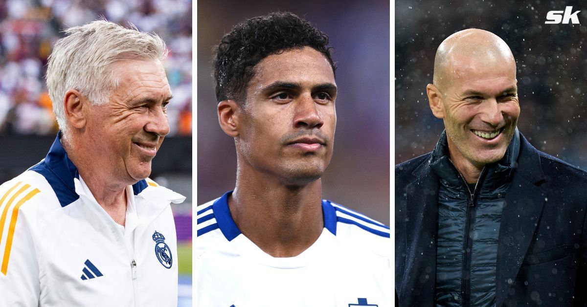 Carlo Ancelotti, Raphael Varane and Zinedine Zidane