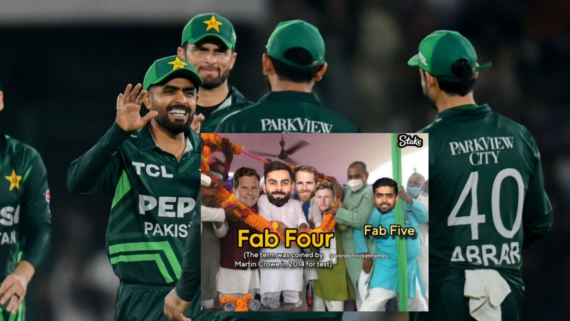 Fans react after Babar Azam joins Fab 5 according to broadcasters during Tri-Series. (Images: @TheRealPCB, worldofcricketmemes_ )