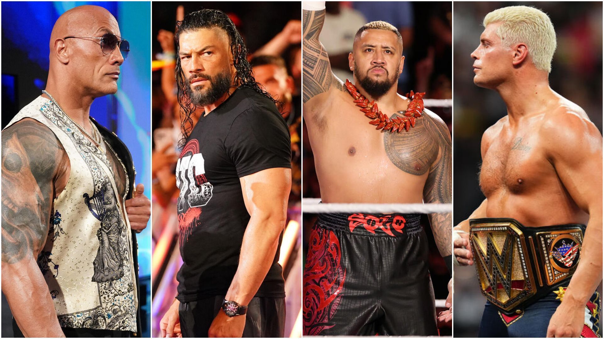 The Rock, Roman Reigns, Solo Sikoa, Cody Rhodes. (from left to right) [Images via: WWE.com]