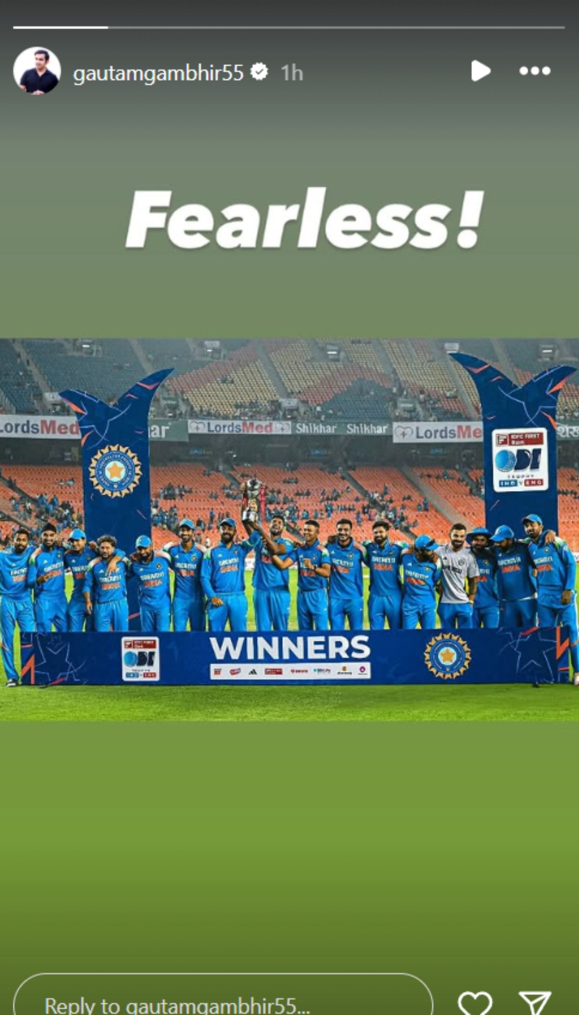 Gautam Gambhir&#039;s Instagram story after India&#039;s win vs England in 3rd ODI.