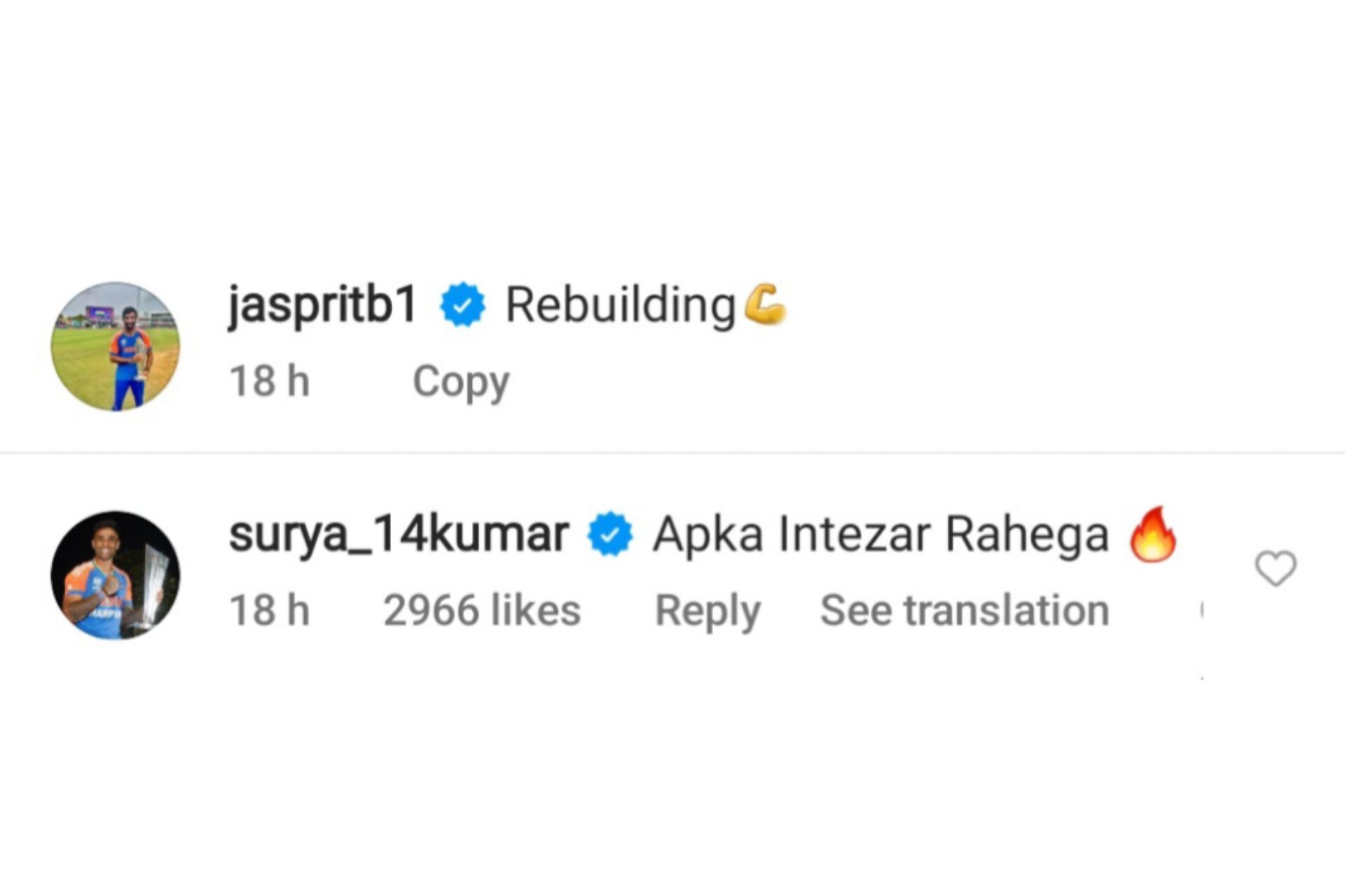 Suryakumar drops a heartfelt comment on Jasprit Bumrah&rsquo;s latest post (Image via Instagram-@jaspritb1)