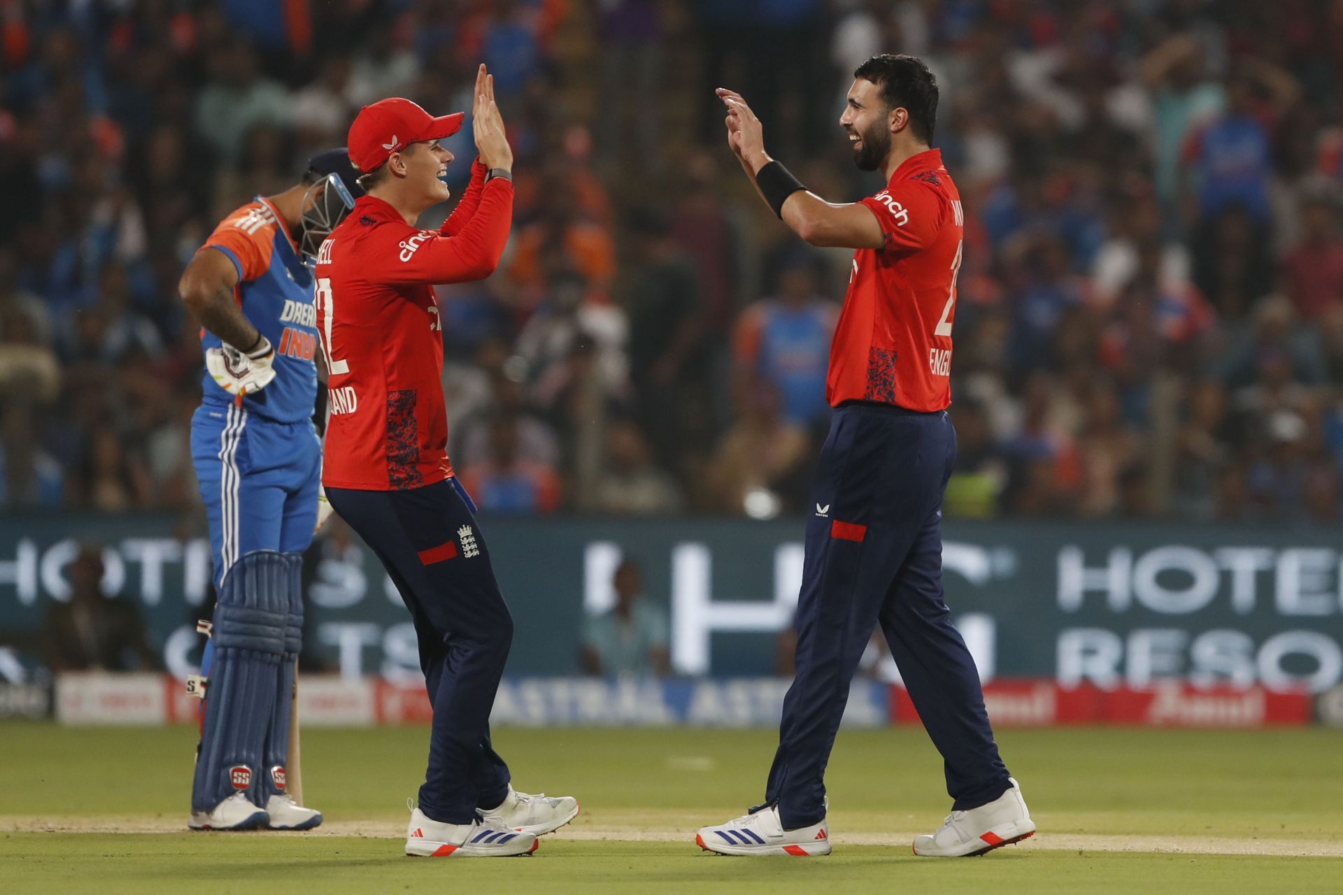 Saqib Mahmood of England celebrates after taking the wicket of Suryakumar Yadav captain of India during the India and England - 4th T20I match at Maharashtra Cricket Association Stadium on January 31, 2025 in Pune, India. (Photo by Surjeet Yadav/MB Media/Getty Images)