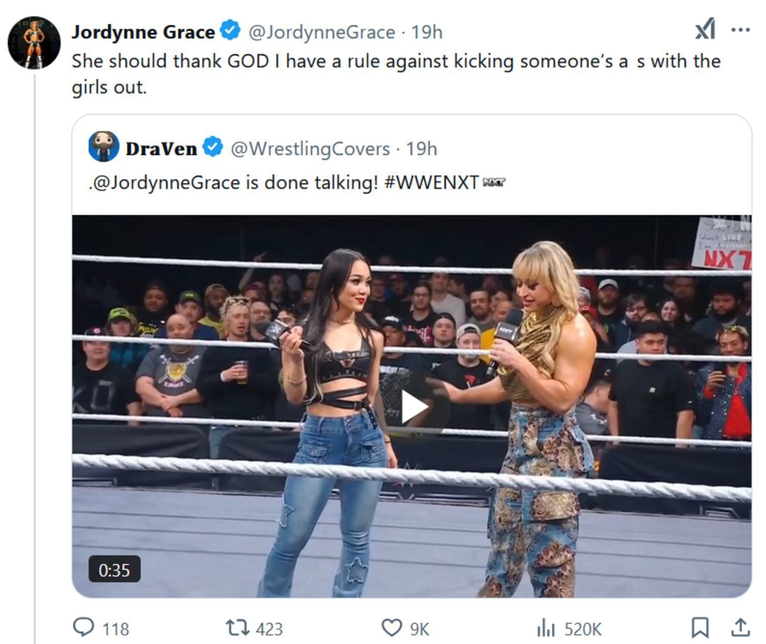 Screenshot of Jordynne Grace&#039;s tweet (Photo Credit: Jordynne Grace on X)