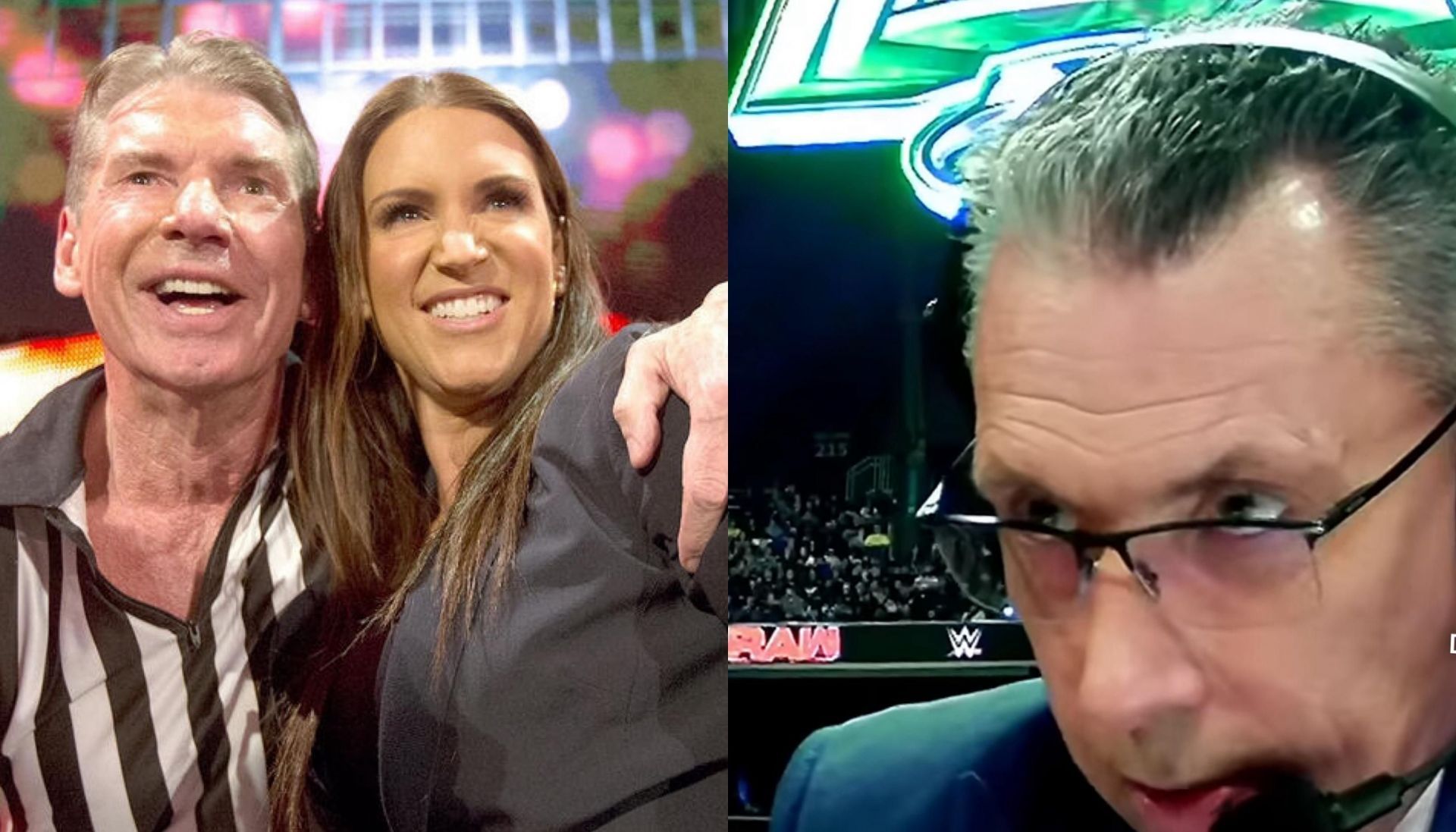 Vince McMahon w/Stephanie McMahon (left), Michael Cole (right)  [Image Credits: wwe.com]