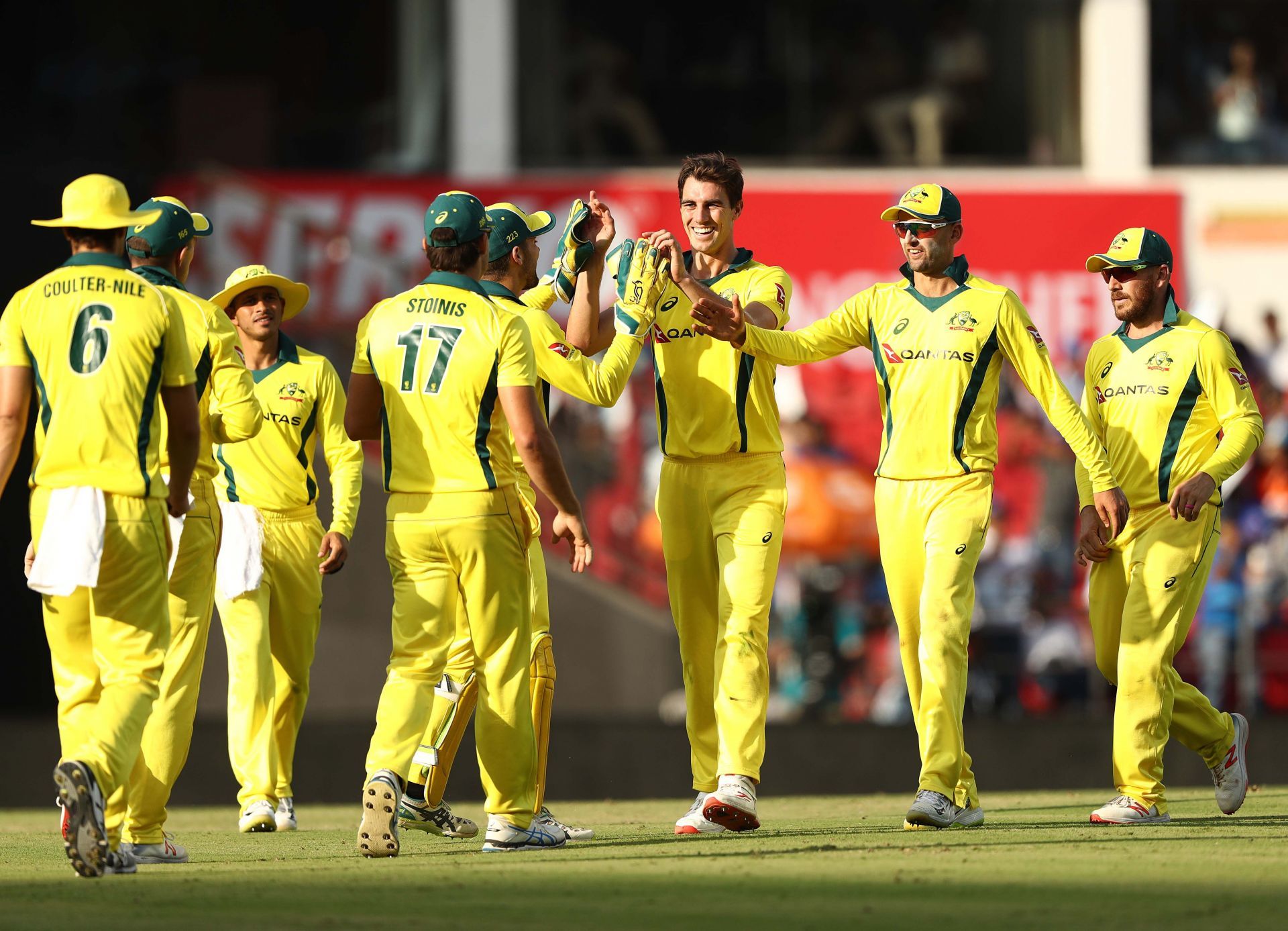 Pat Cummins celebrates picking a wicket against India during the Nagpur ODI. Source: Getty