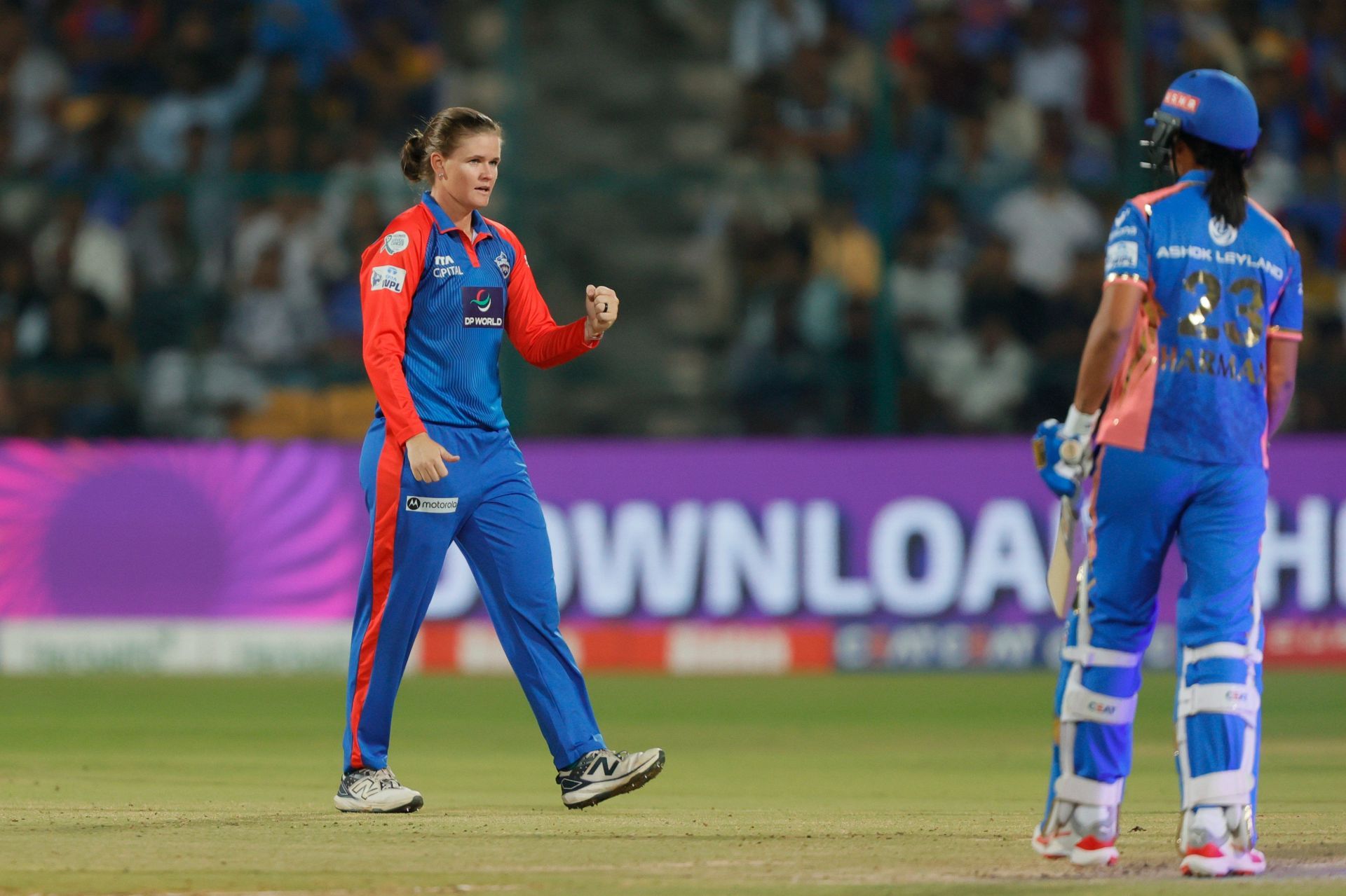 Jess Jonassen after taking a wicket in DC vs MI clash. (Image: wplt20/X)