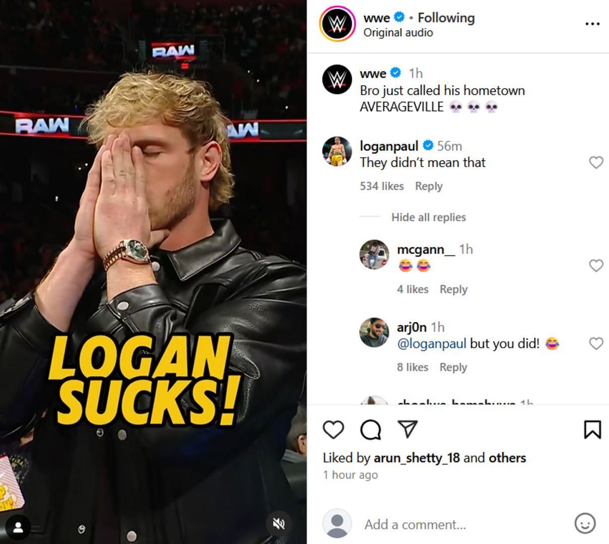 Screenshot of Logan Paul&#039;s comment to WWE on Instagram (Photo Credit: WWE on Instagram)