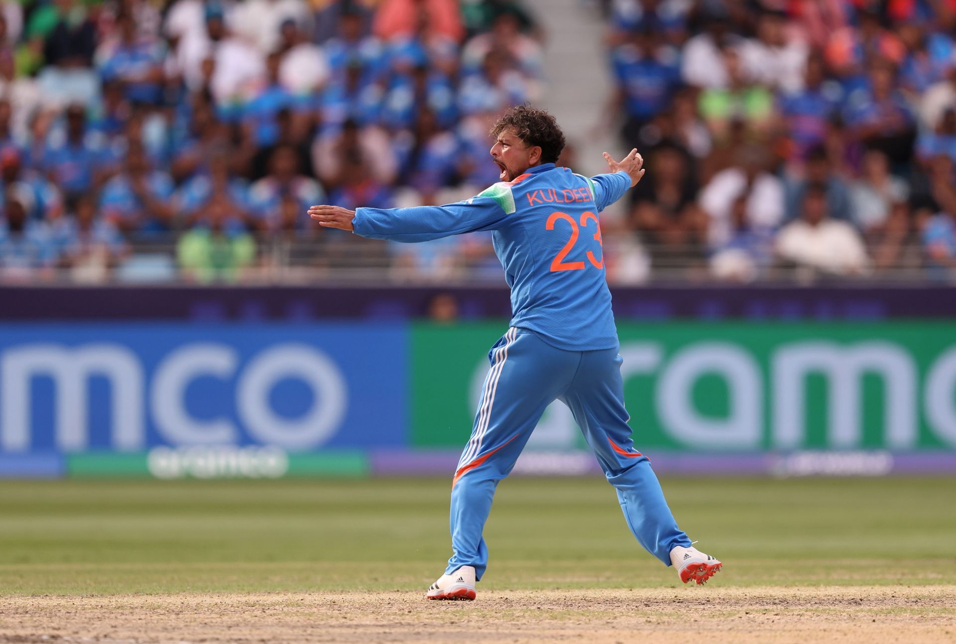 Kuldeep Yadav registered figures of 3/40 in nine overs in India&#039;s 2025 Champions Trophy clash against Pakistan. [P/C: Getty]