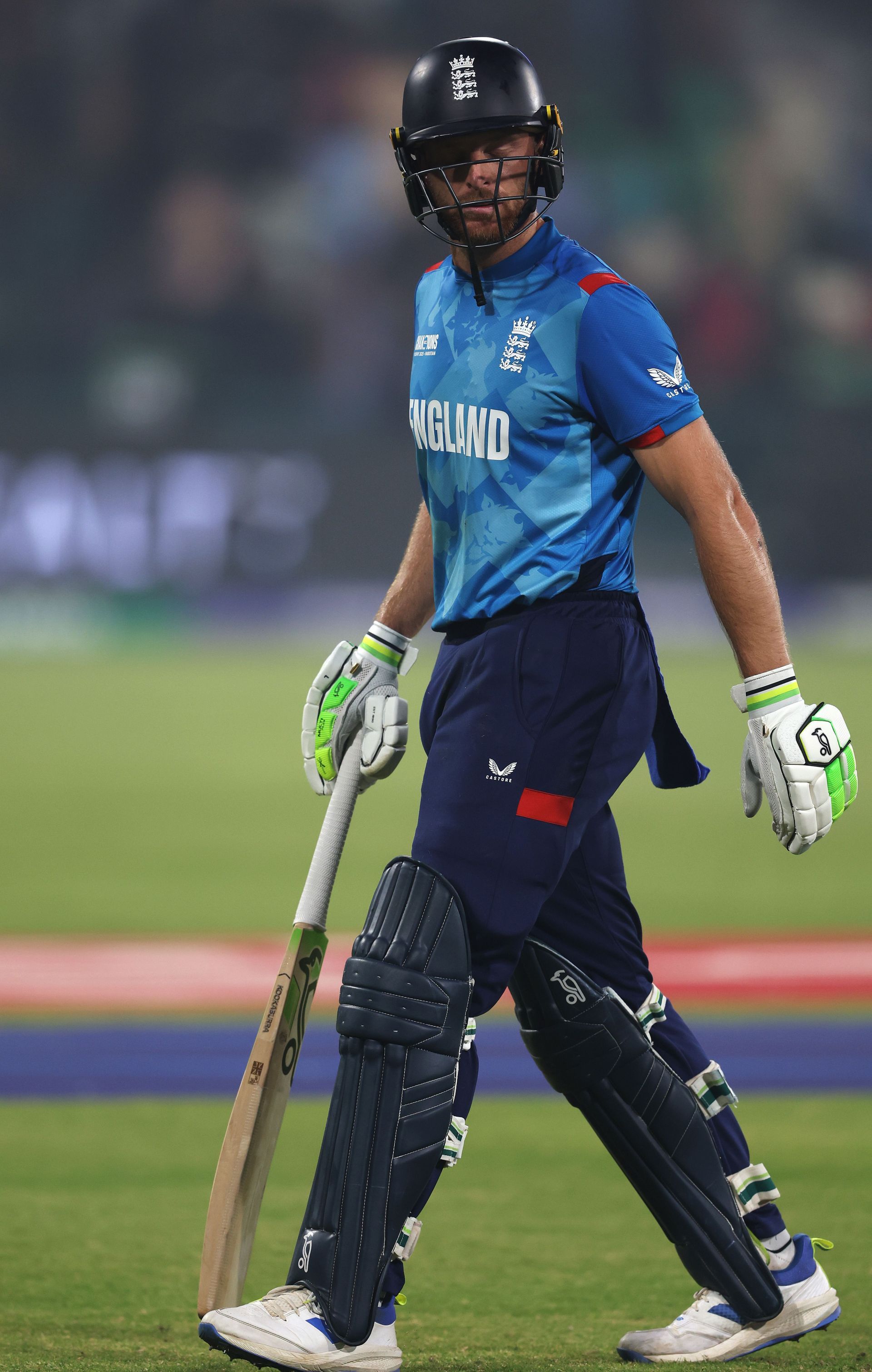 Jos Buttler of England leaves the field after being dismissed during the ICC Champions Trophy 2025 match between Afghanistan and England on February 26, 2025, in Lahore, Pakistan. (Photo by Matthew Lewis-ICC/ICC via Getty Images)