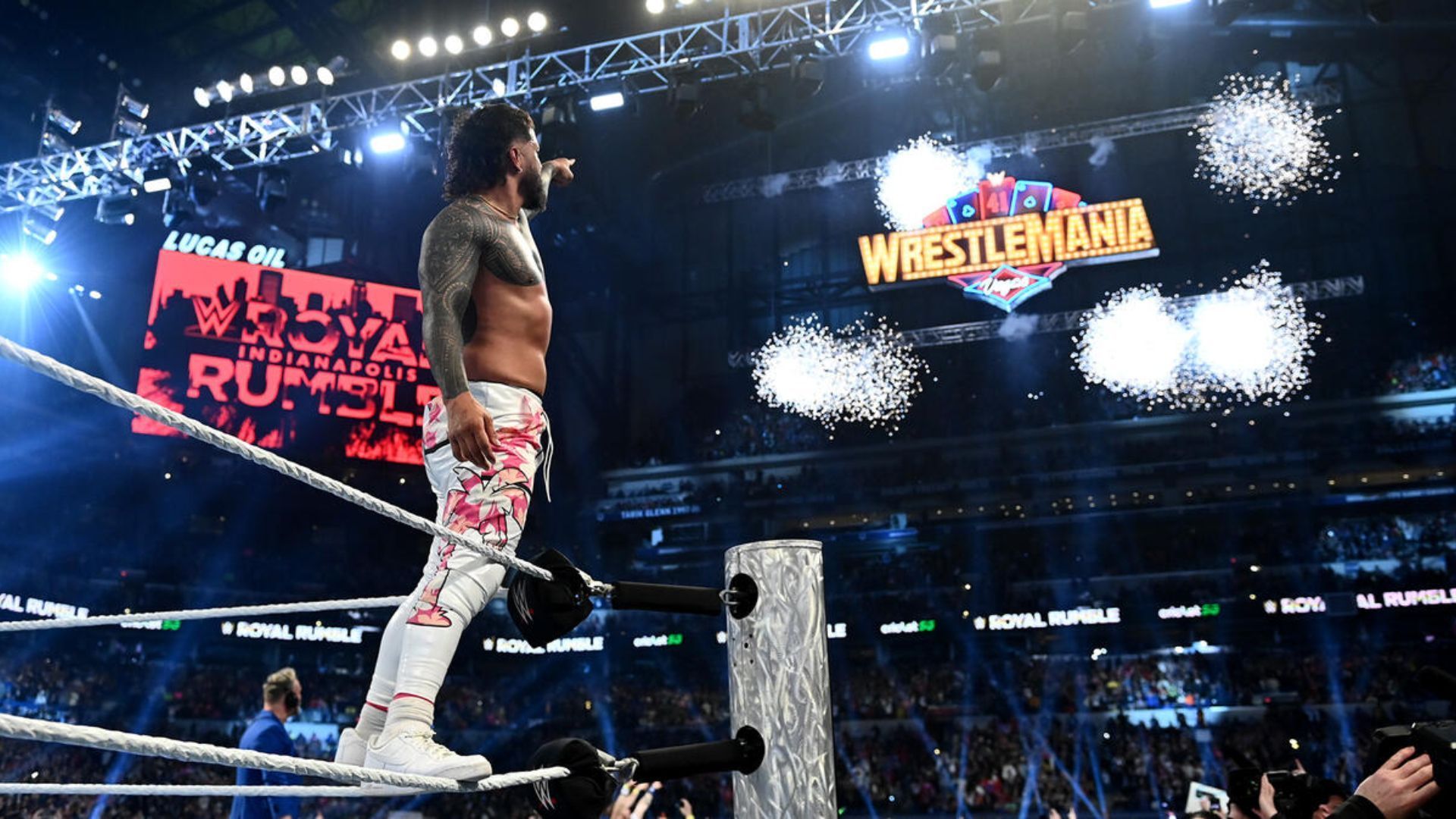 Jey Uso points at the WrestleMania sign after winning the 2025 Royal Rumble [Image: WWE.com]