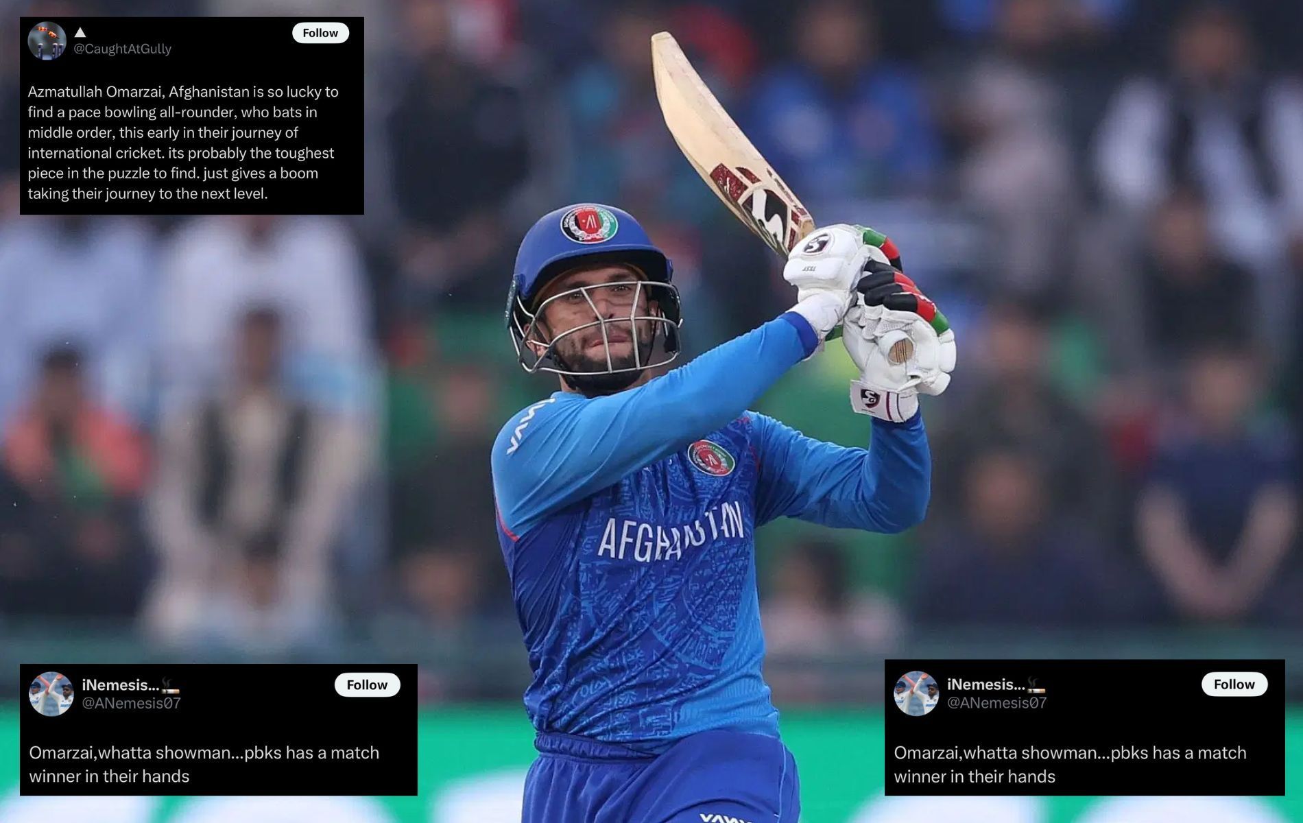 Azmatullah Omarzai completed 1000 ODI runs during his 67-run knock. (Pics: Getty Images/X/@FarziCricketer/@CaughtAtGully/@ANemesis07)