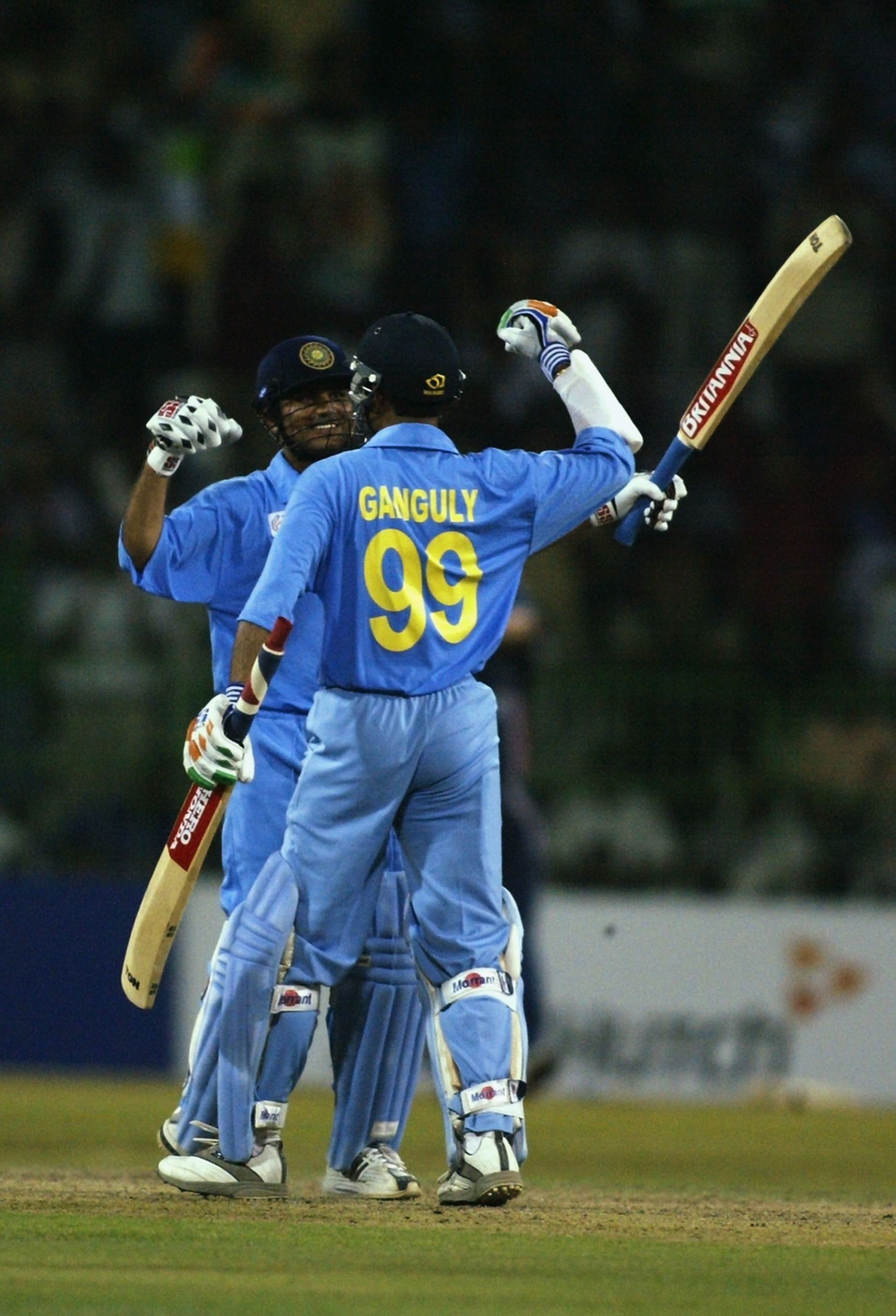 Virender Sehwag of India celebrates his century