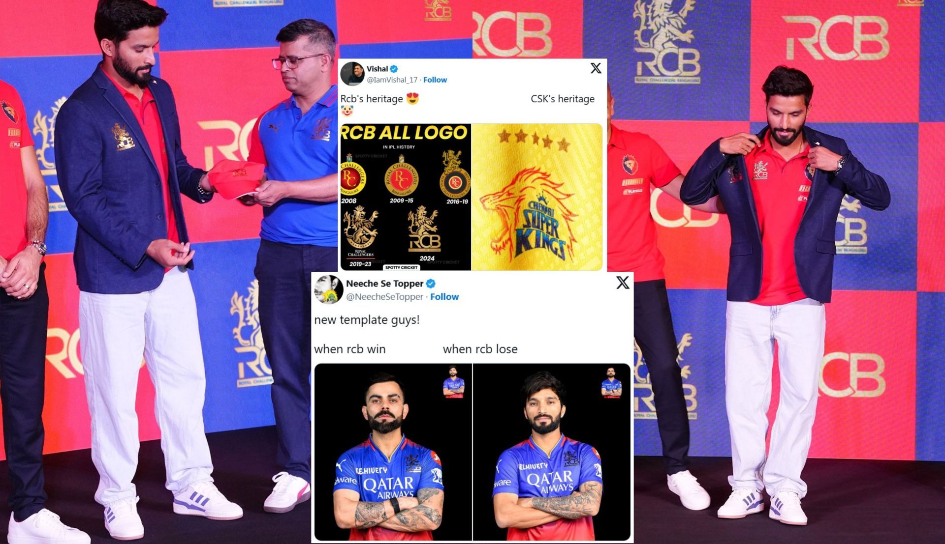 Fans react after RCB announced Rajat Patidar as captain for IPL 2025. (Images: X - @RCBTweets, @IamVishal_17, @NeecheSeTopper)