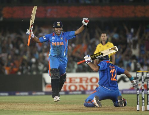 Suresh Raina celebrates with Yuvraj Singh after winning the 2011 QF. Source: Getty