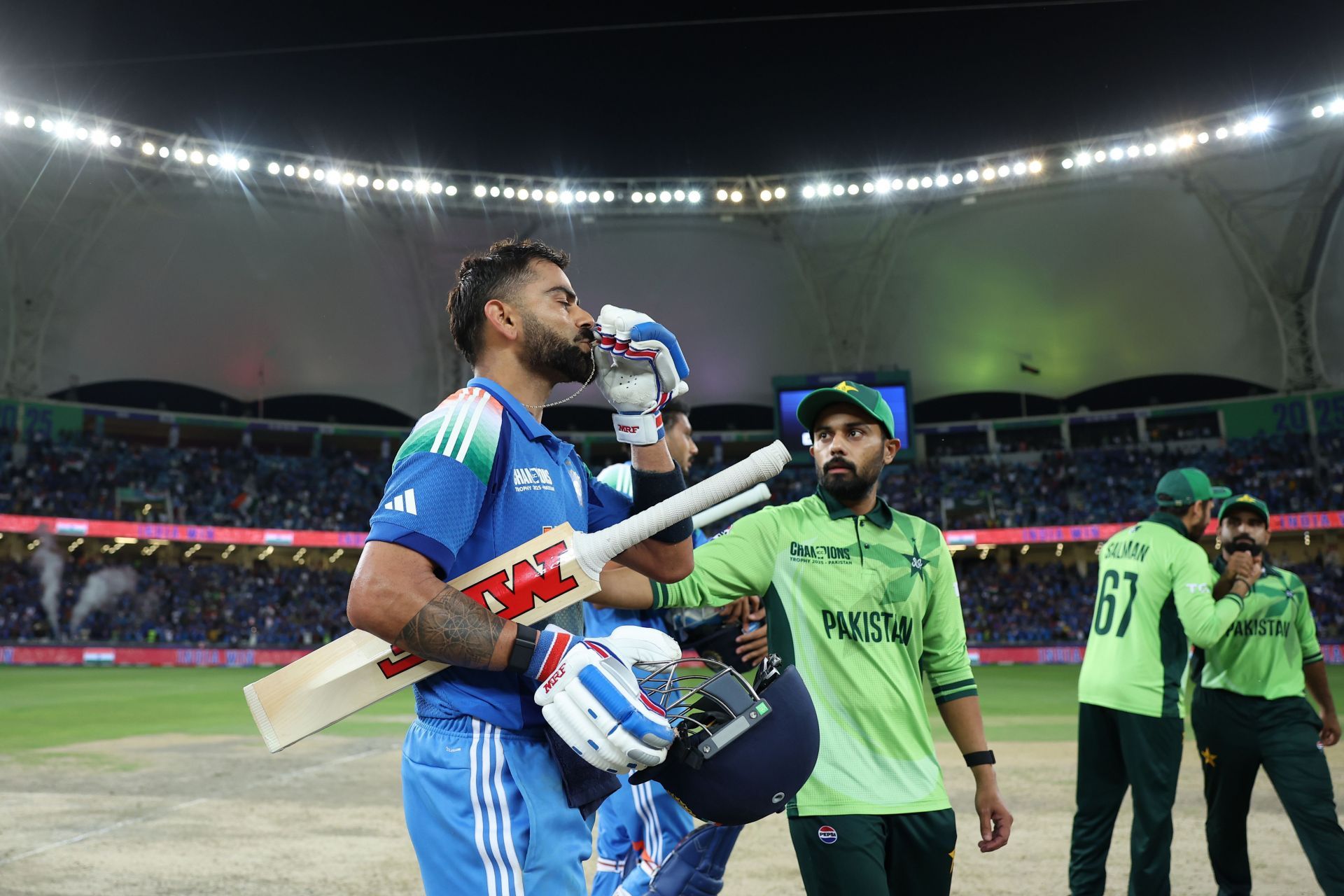 Virat Kohli  following India&#039;s victory in the ICC Champions Trophy 2025 match against Pakistan at Dubai International Cricket Stadium (Photo by Alex Davidson-ICC/ICC via Getty Images)