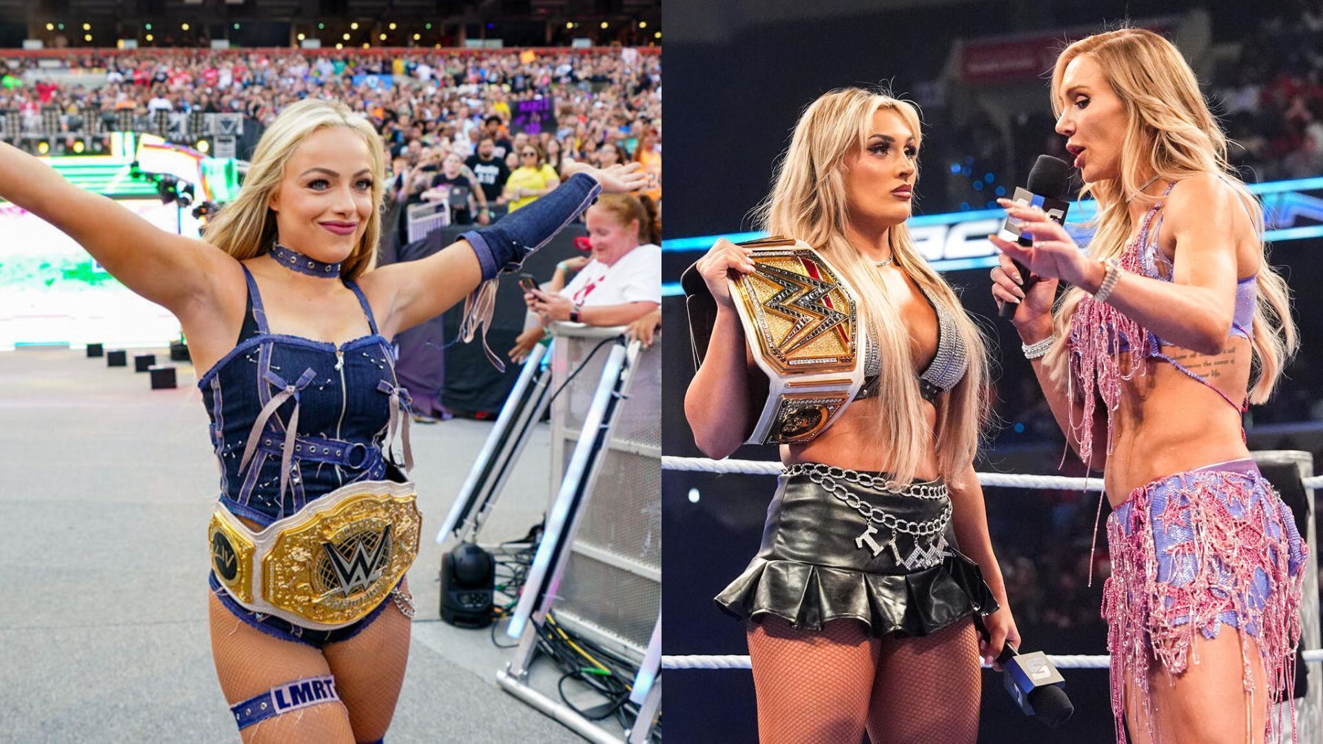 Liv Morgan (left), Tiffany Stratton and Charlotte Flair (right) (Image Credits: WWE.com)