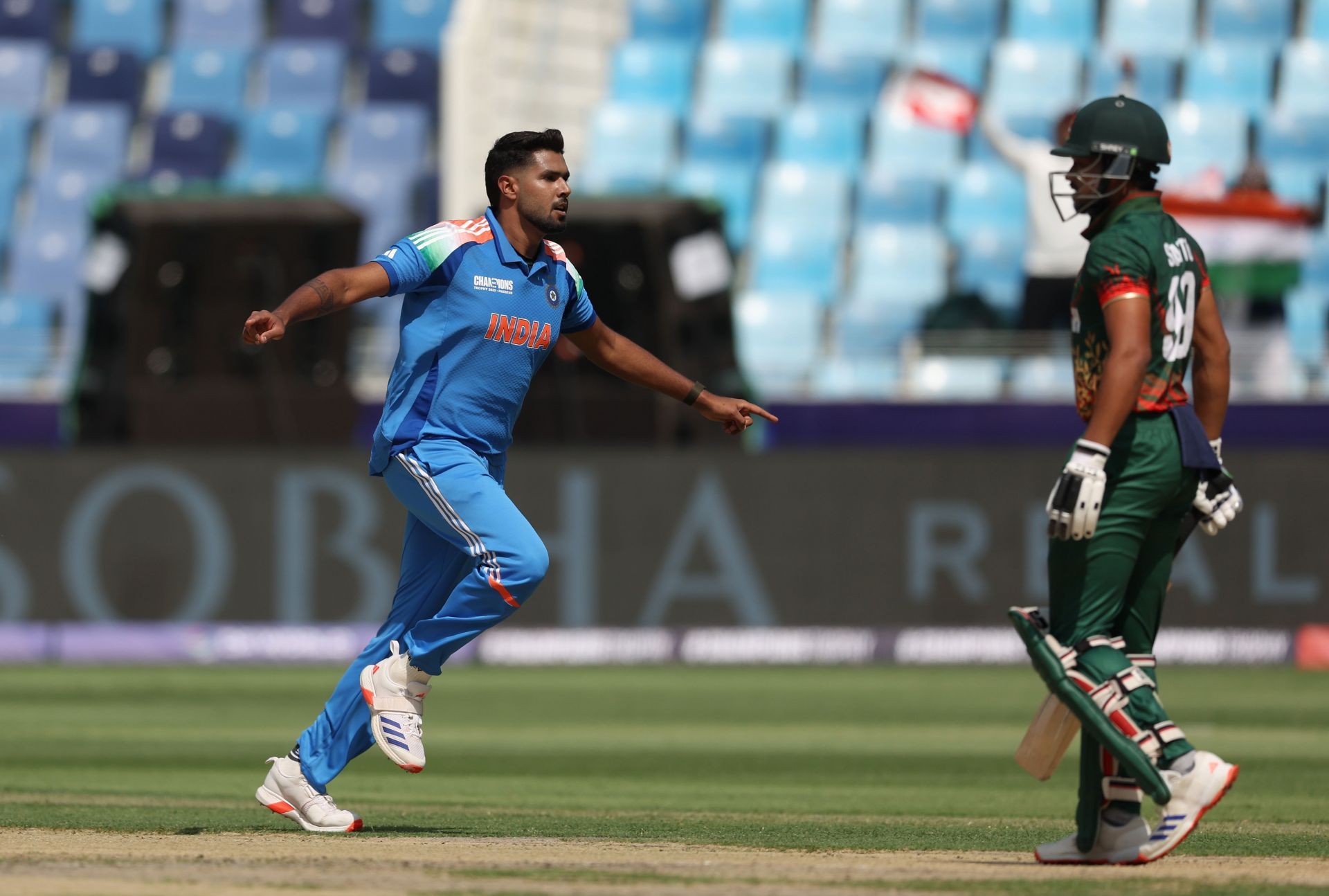 Harshit Rana registered figures of 3/31 in 7.4 overs in India&#039;s 2025 Champions Trophy clash against Bangladesh. [P/C: Getty]