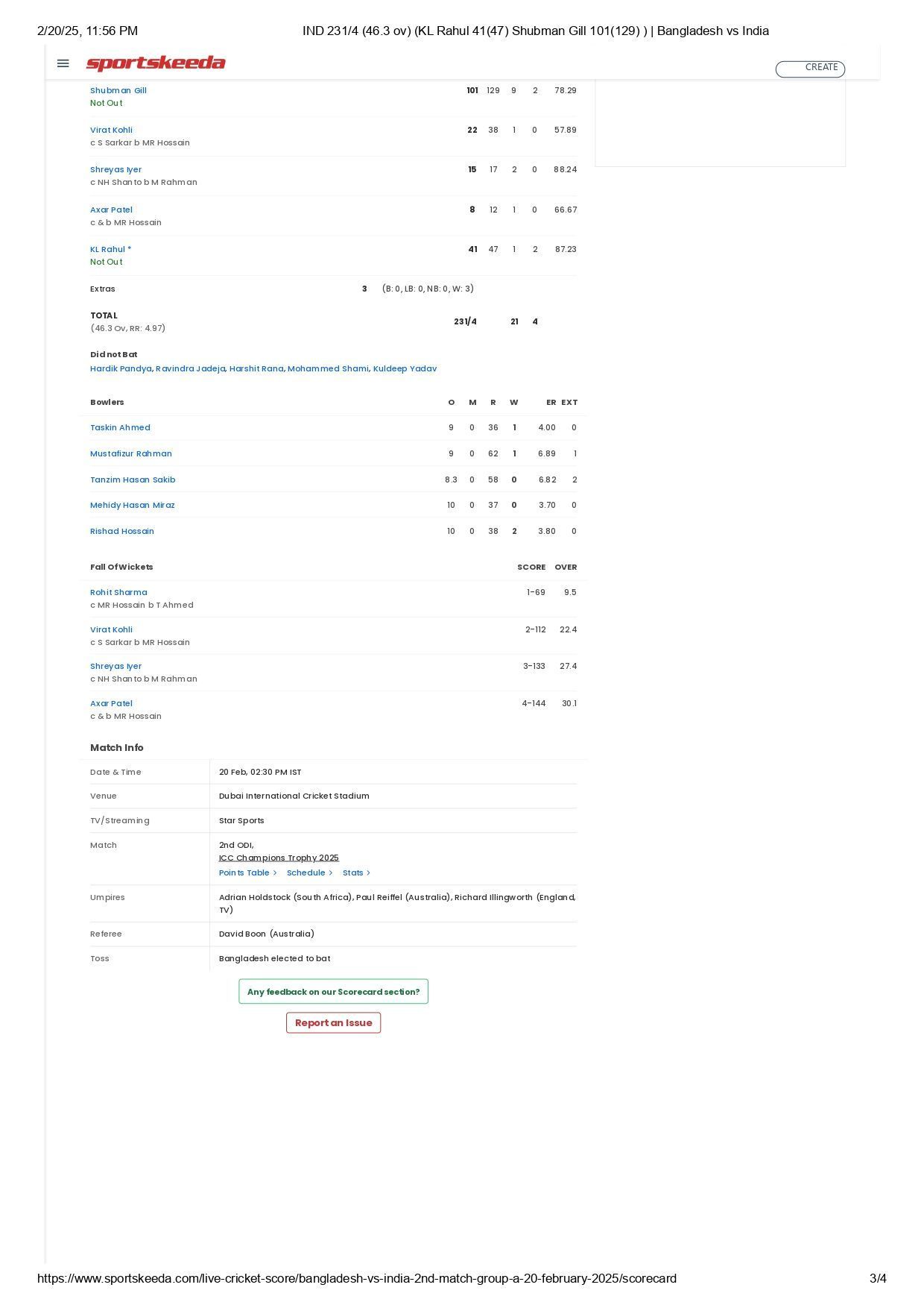 IND vs BAN 2025 Champions Trophy scorecard. [Credits: Sportskeeda]