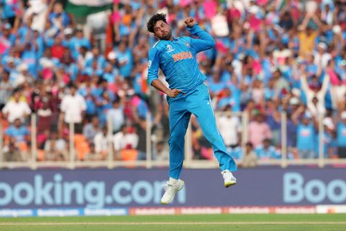 Kuldeep Yadav celebrates picking a wicket during the 2023 World Cup. Source: Getty