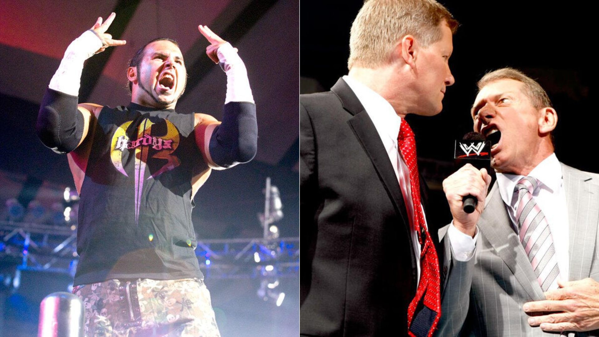 Matt Hardy (left); John Laurinaitis and Vince McMahon (right) [Image Credits: wwe.com]