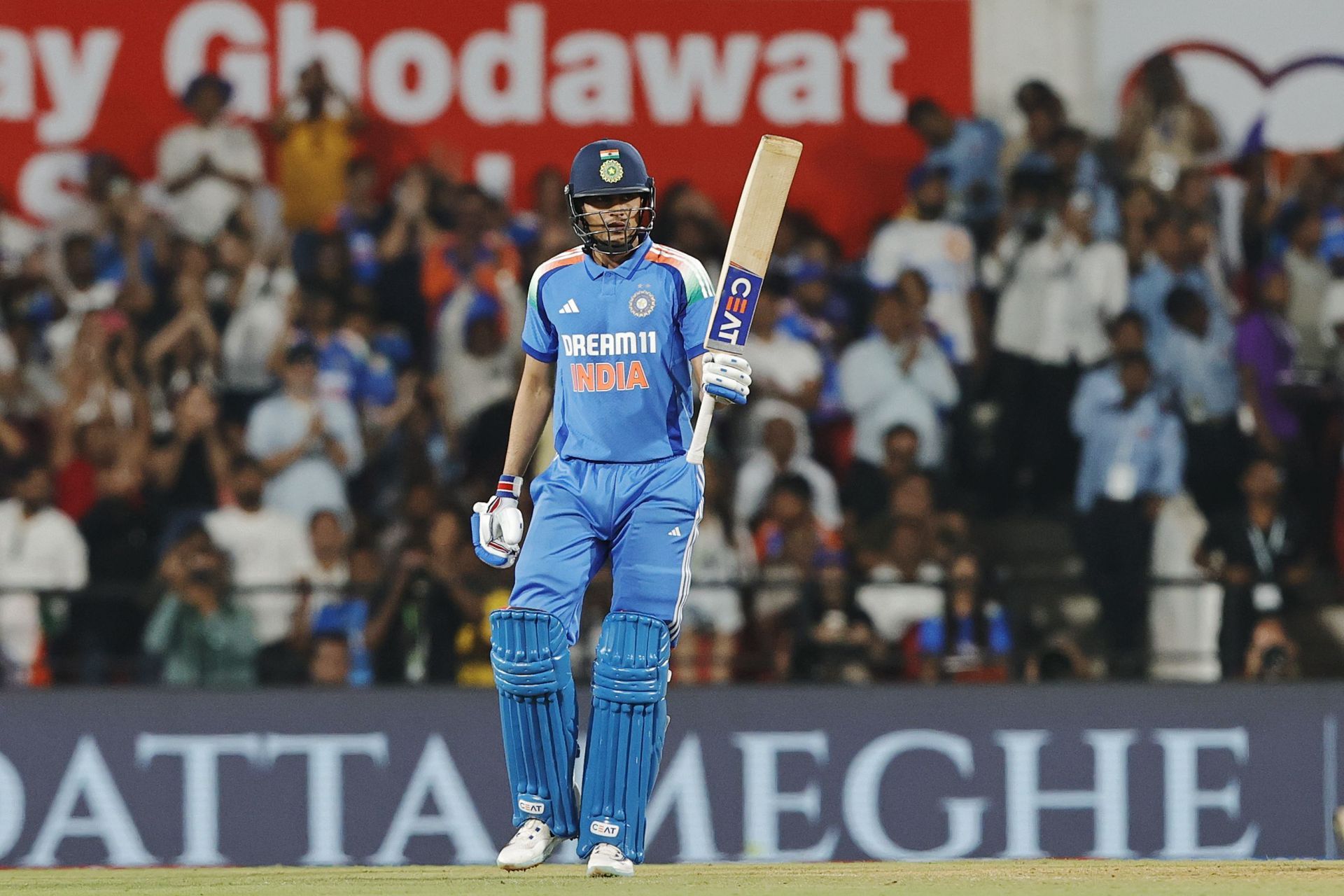 Shubman Gill raising his bat after scoring half-century in 1st ODI. (Image: BCCI/X)