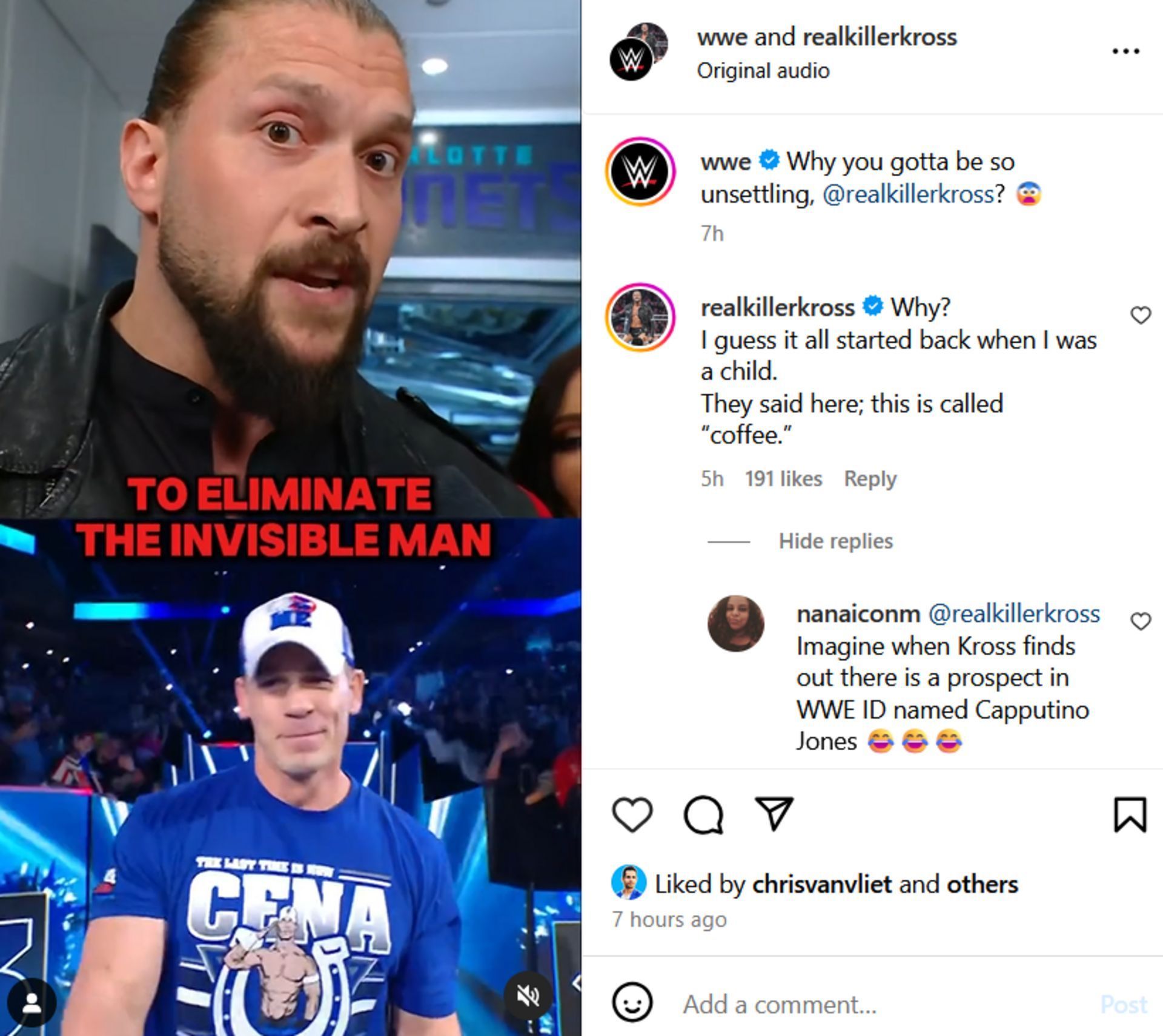 Screenshot of Karrion Kross&#039; comment on Instagram (Photo Credit: WWE on Instagram)