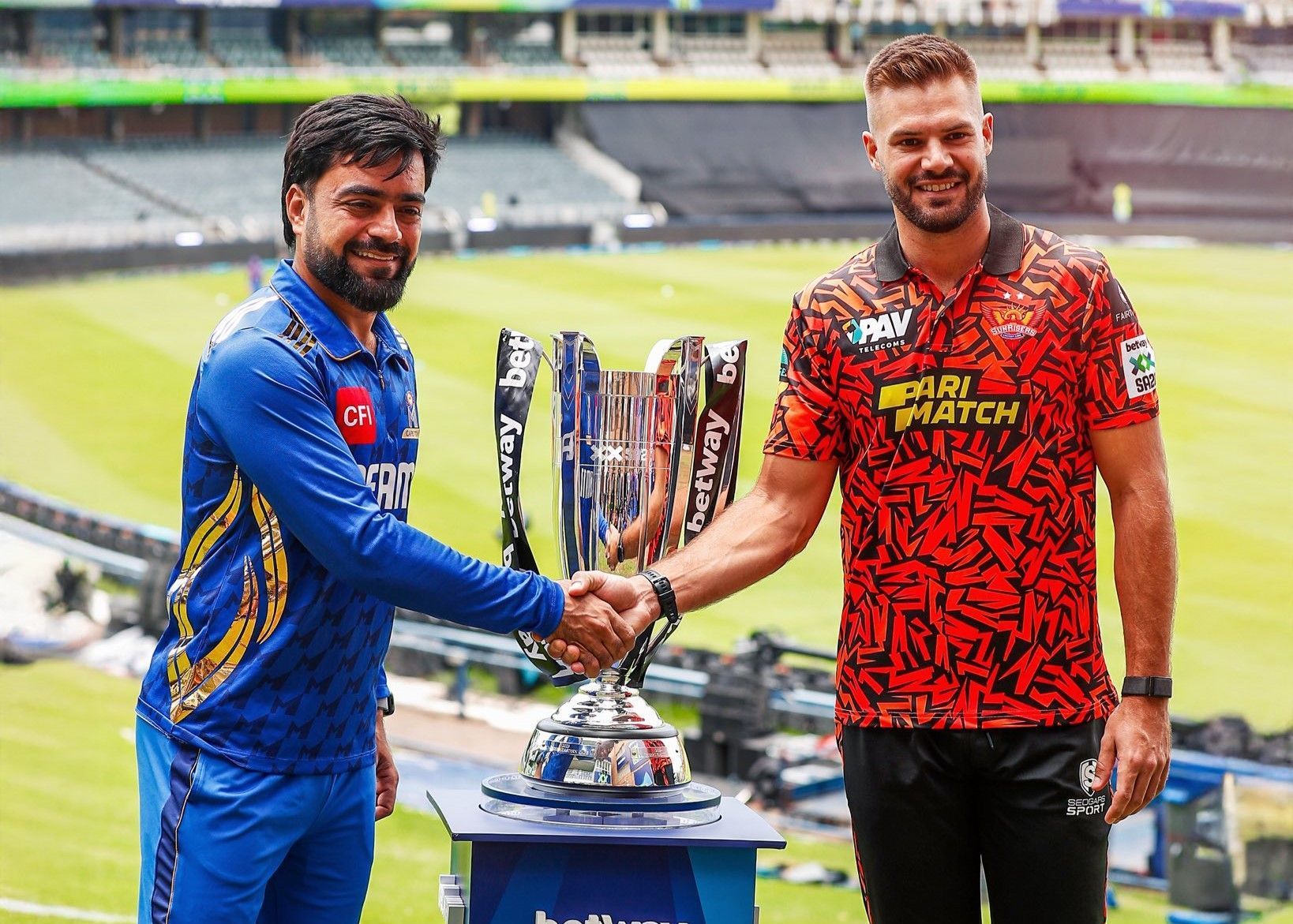 Rashid Khan and Aiden Markram with the trophy. (Credits: SEC X)