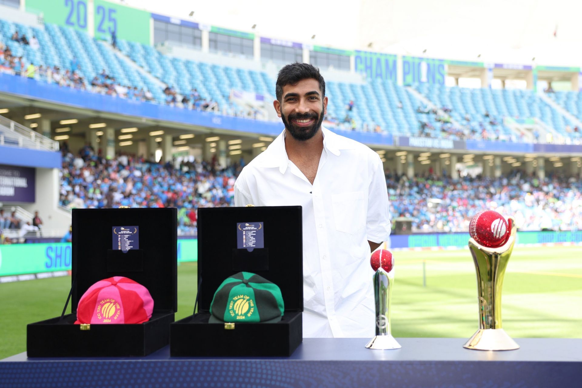 Jasprit Bumrah with his ICC awards in Dubai. (Image: ICC/X)