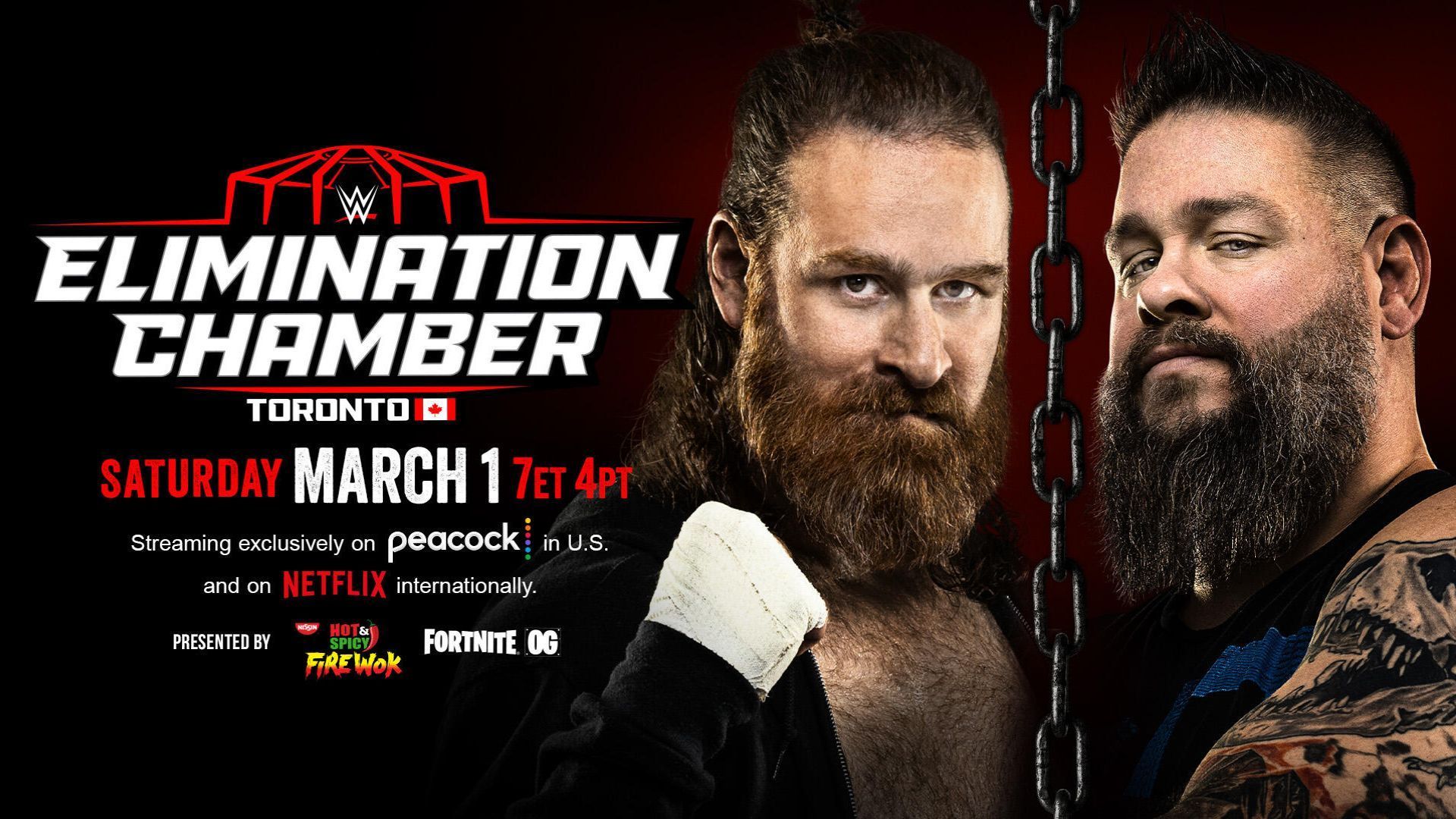 The promotional poster of Sami Zayn vs Kevin Owens at Elimination Chamber. [Image from WWE.com]