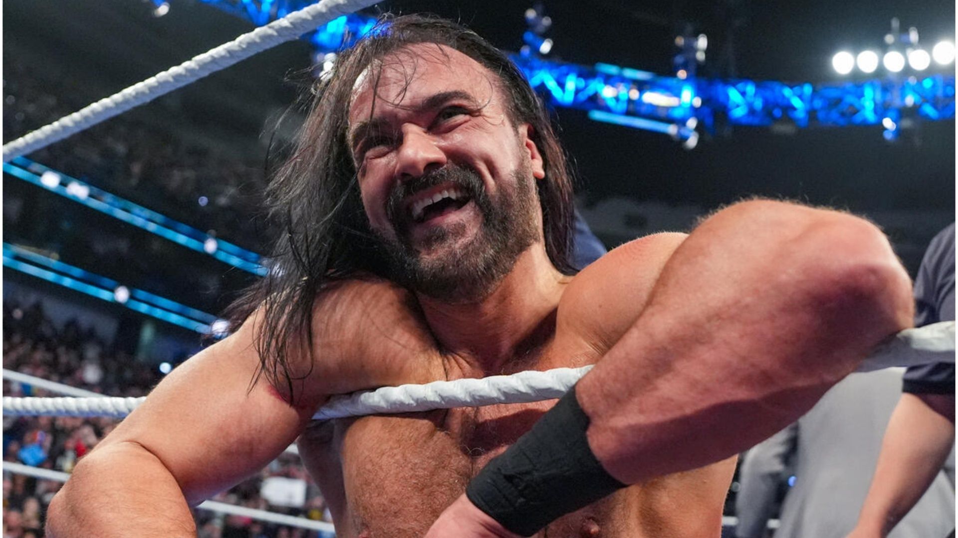 Drew McIntyre reacts to taking jimmy Uso out with a claymore (Image via WWE.com).