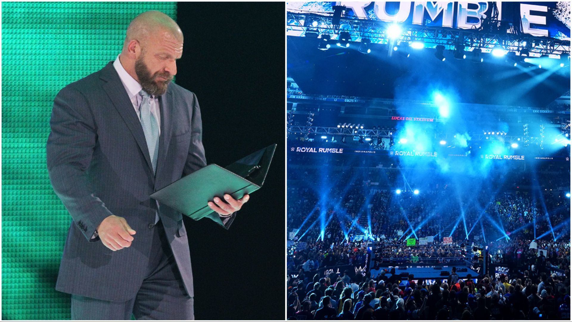 WWE CCO Triple H examines a contract, WWE fans at the Royal Rumble