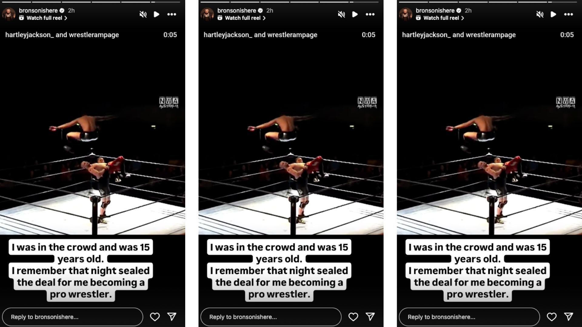 Reed reflects on the event that made him want to be a wrestler. [Image credit: Screenshot from Bronson Reed&#039;s Instagram story]