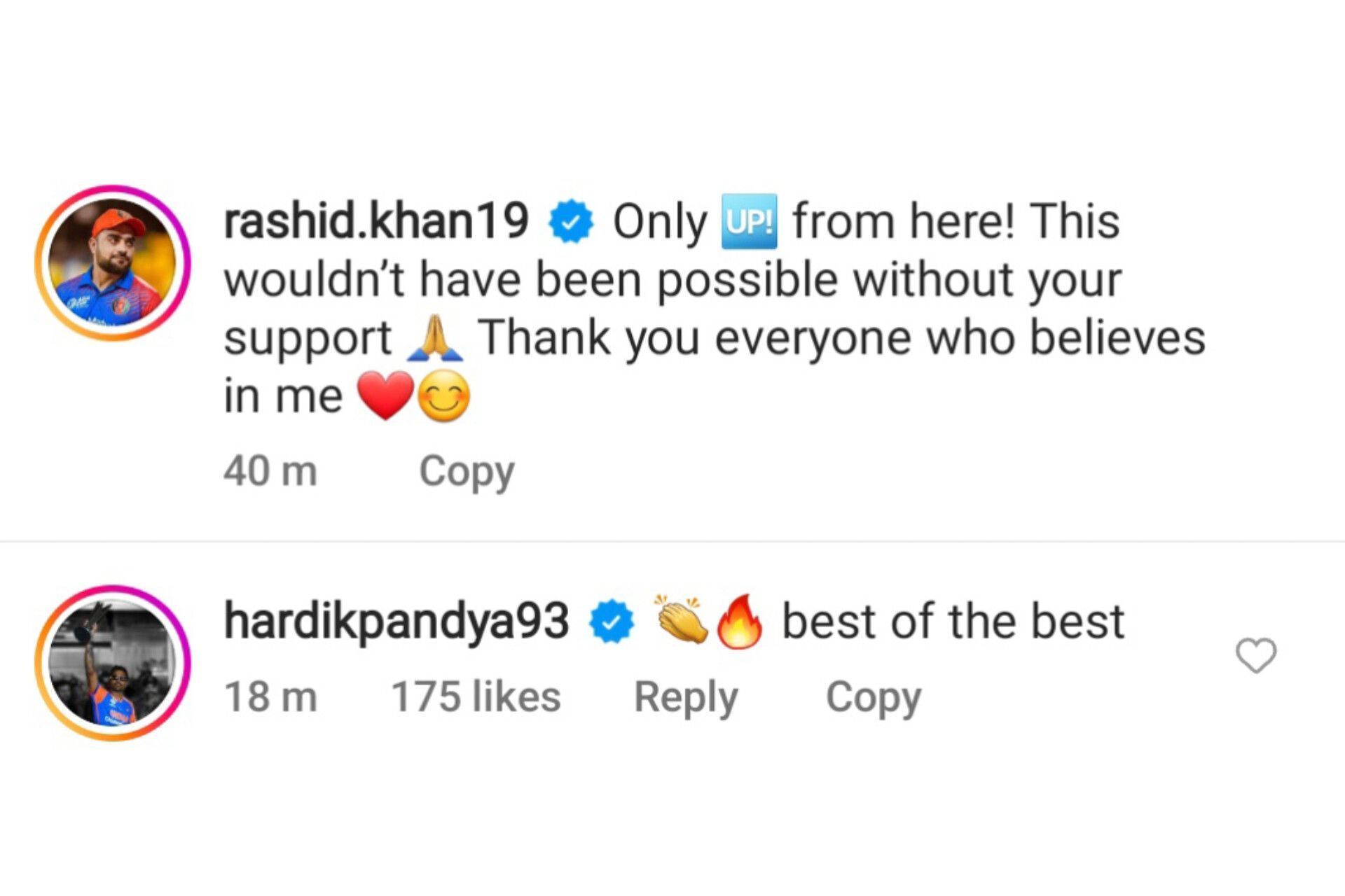 Hardik Pandya reacts as Rashid Khan breaks major T20 record (Image via Instagram-@rashid.khan19)