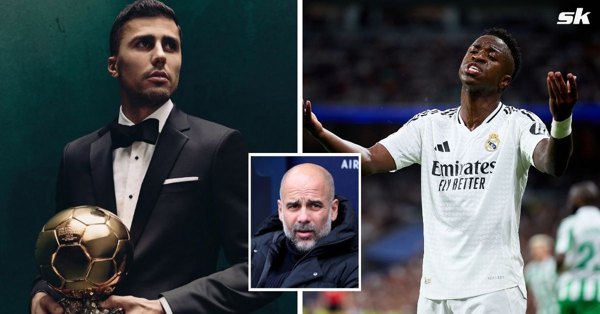 Pep Guardiola makes feelings clear about Vinicius losing 2024 Ballon d&rsquo;Or to Rodri. Images via Getty and Instagram.gram