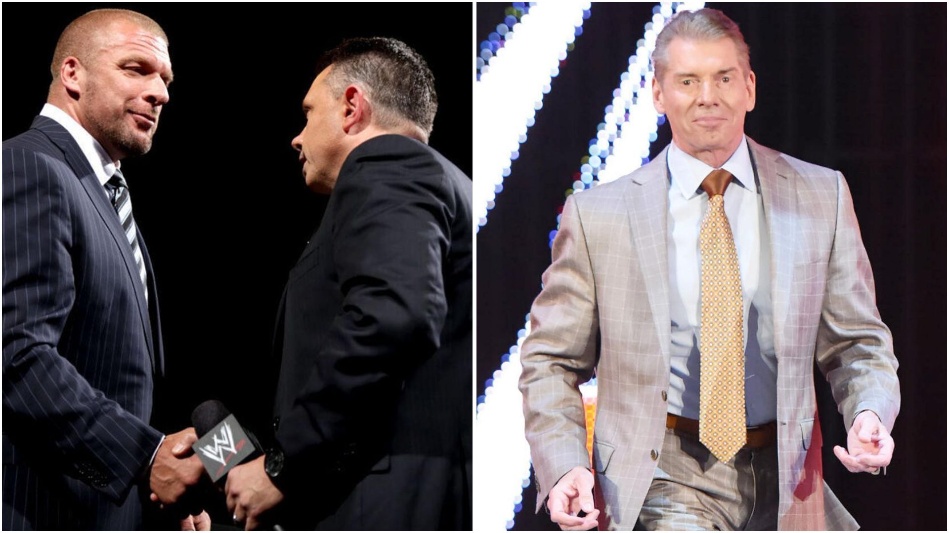 Triple H, Michael Cole and Vince McMahon. (Photos: WWE.com)