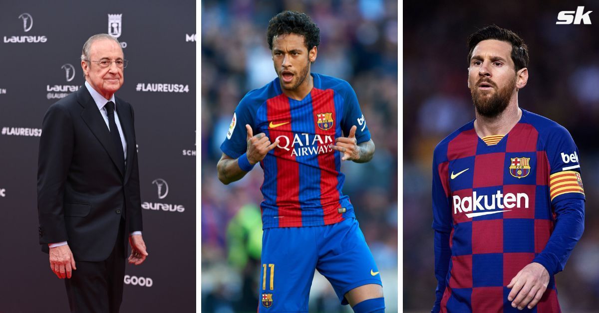 L to R: Florentino Perez, Neymar Jr, and Lionel Messi (All images sourced from Getty)