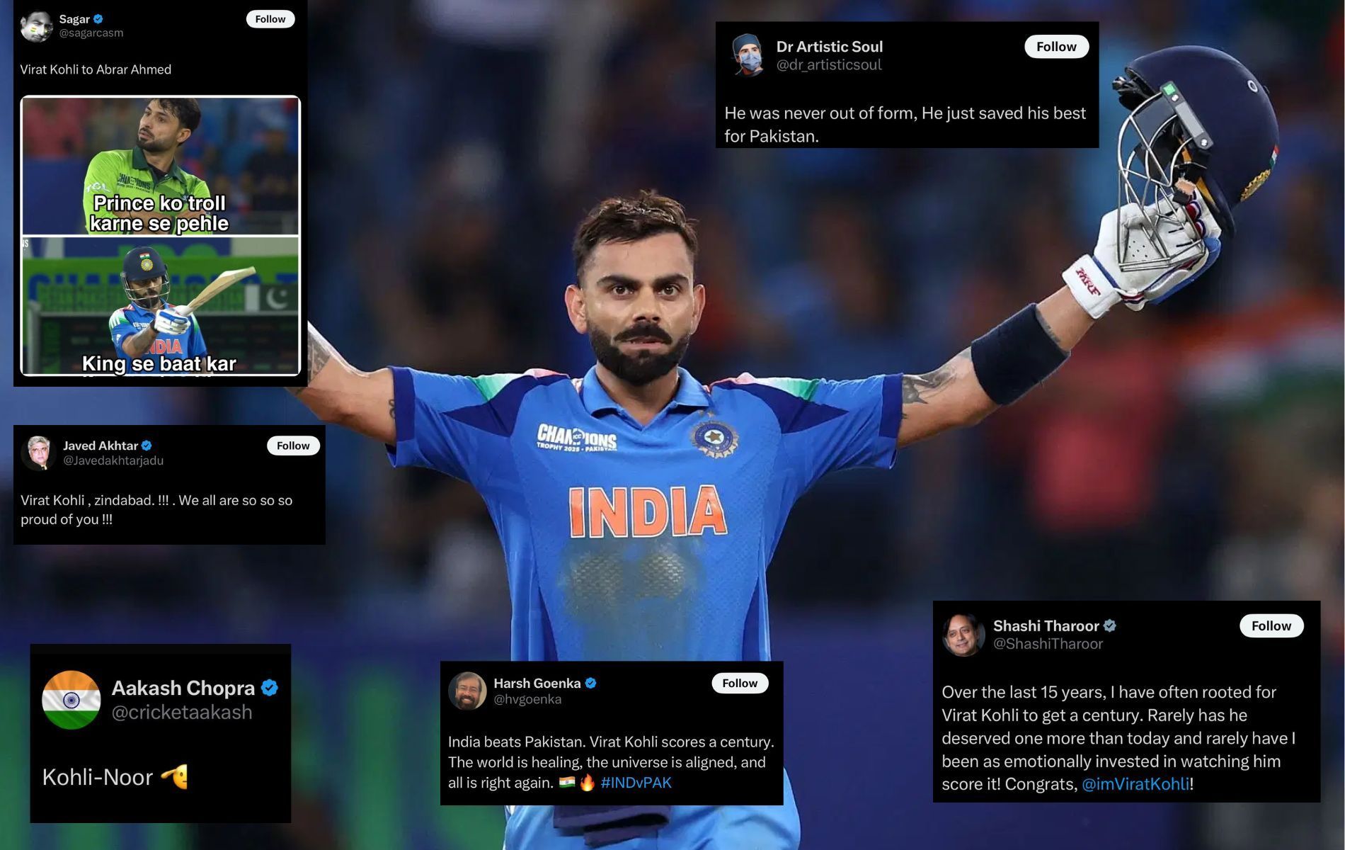 Virat Kohli was the Player of the Match in IND vs PAK 2025 Champions Trophy match. (Pics: Getty/X/@cricketaakash/@ShashiTharoor/@sagarcasm/@Javedakhtarjadu/@hvgoenka/@dr_artisticsoul).