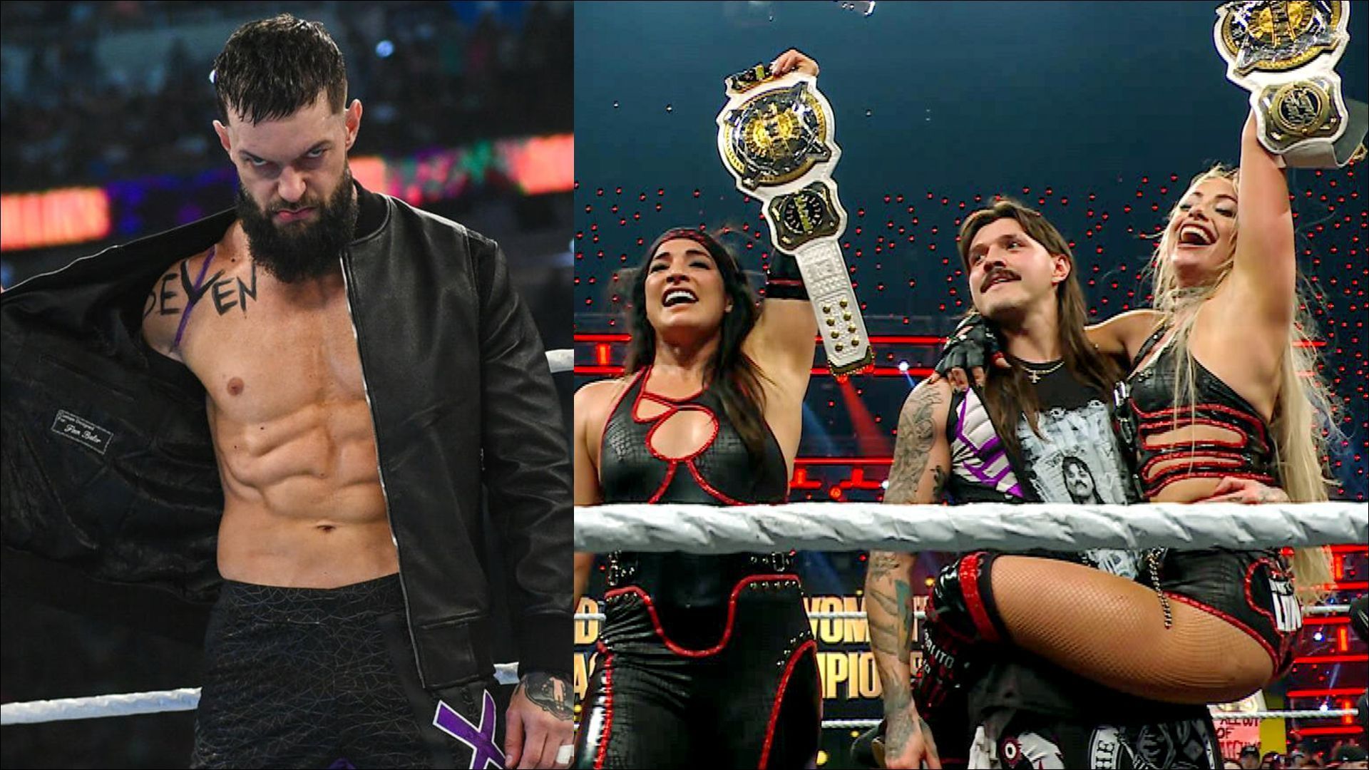 Finn Balor (L) Raquel Rodriguez, Dominik Mysterio, and Liv Morgan (R) (Image credits: wwe.com)