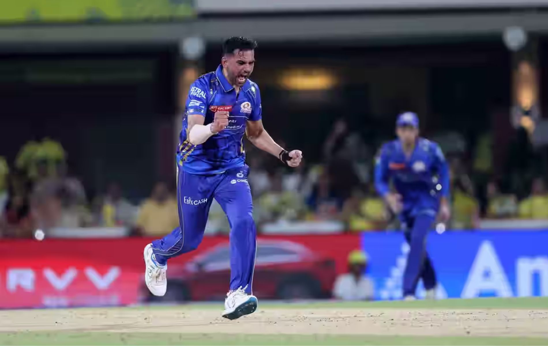 Deepak Chahar celebrates Rahul Tripati