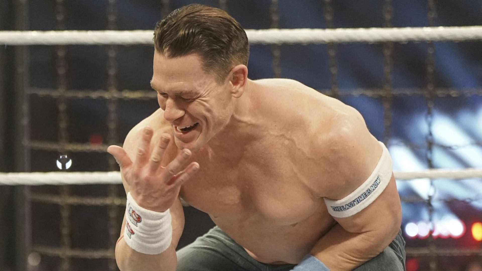 John Cena does his taunt at WWE Elimination Chamber