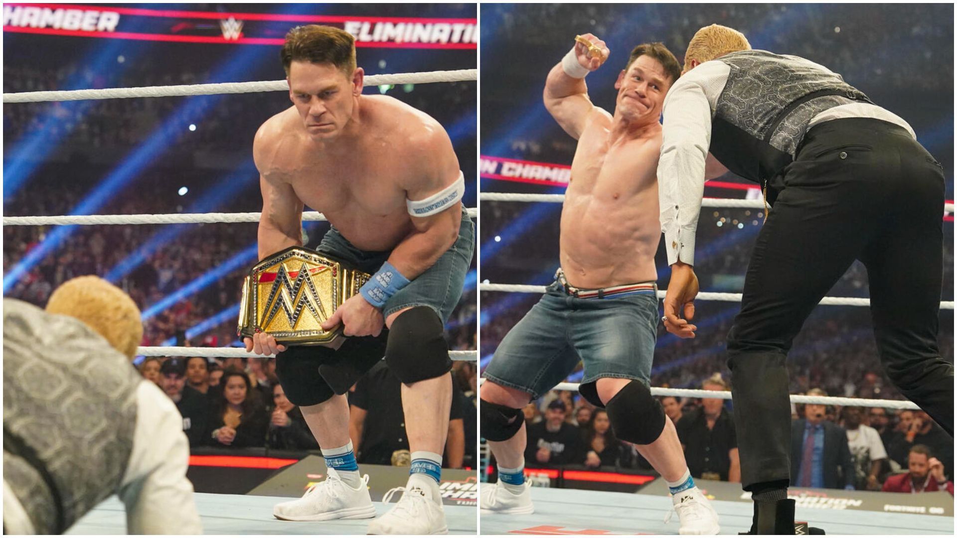 John Cena attacking Cody Rhodes at Elimination Chamber. (Photos from WWE.com)