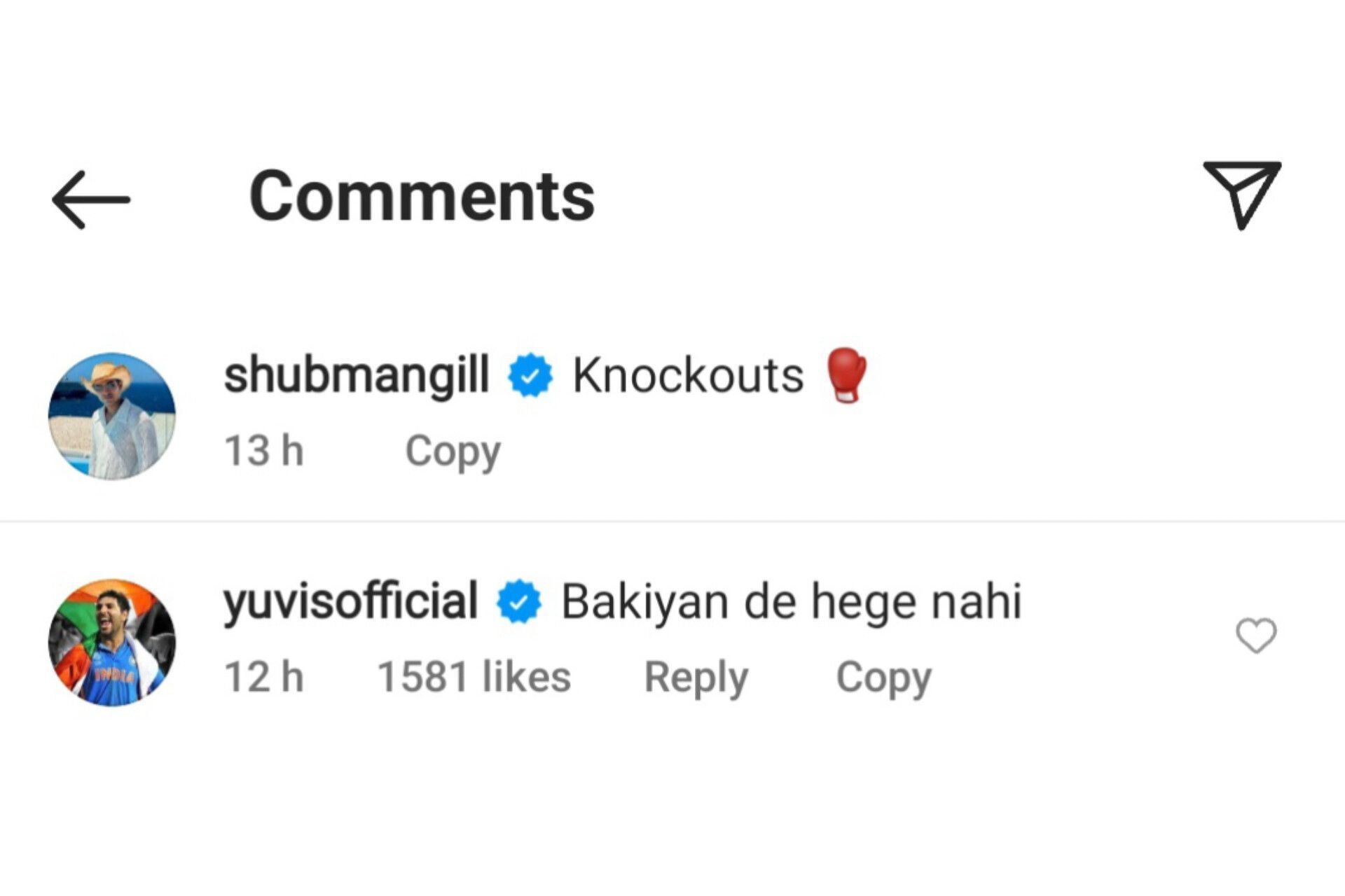 Yuvraj Singh comments in Punjabi on Shubman Gill&rsquo;s social media post (Image via Instagram-@shubmangill)