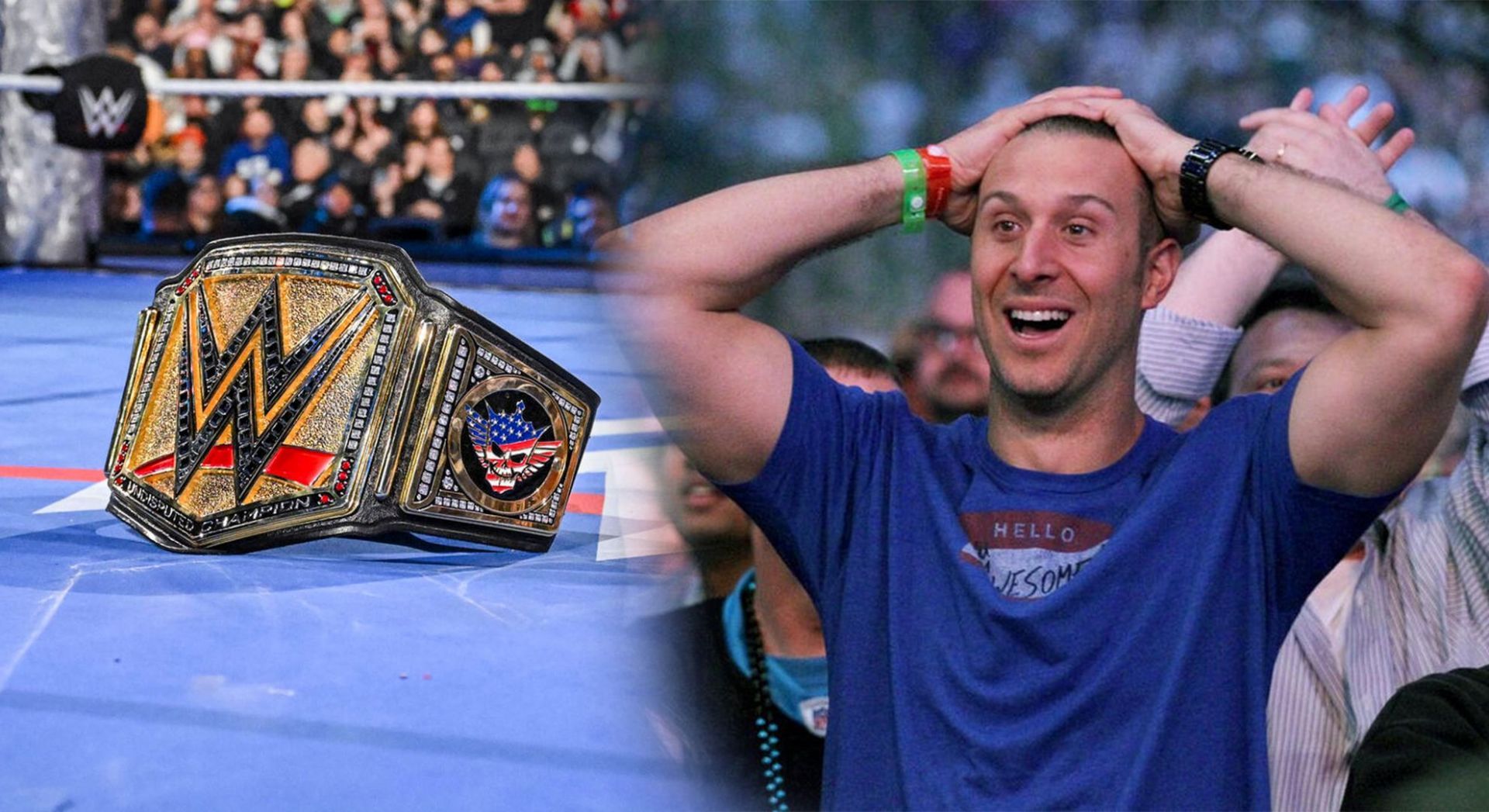 WWE Universal Championship and shocked fan in frame! (Credits: WWE.Com)