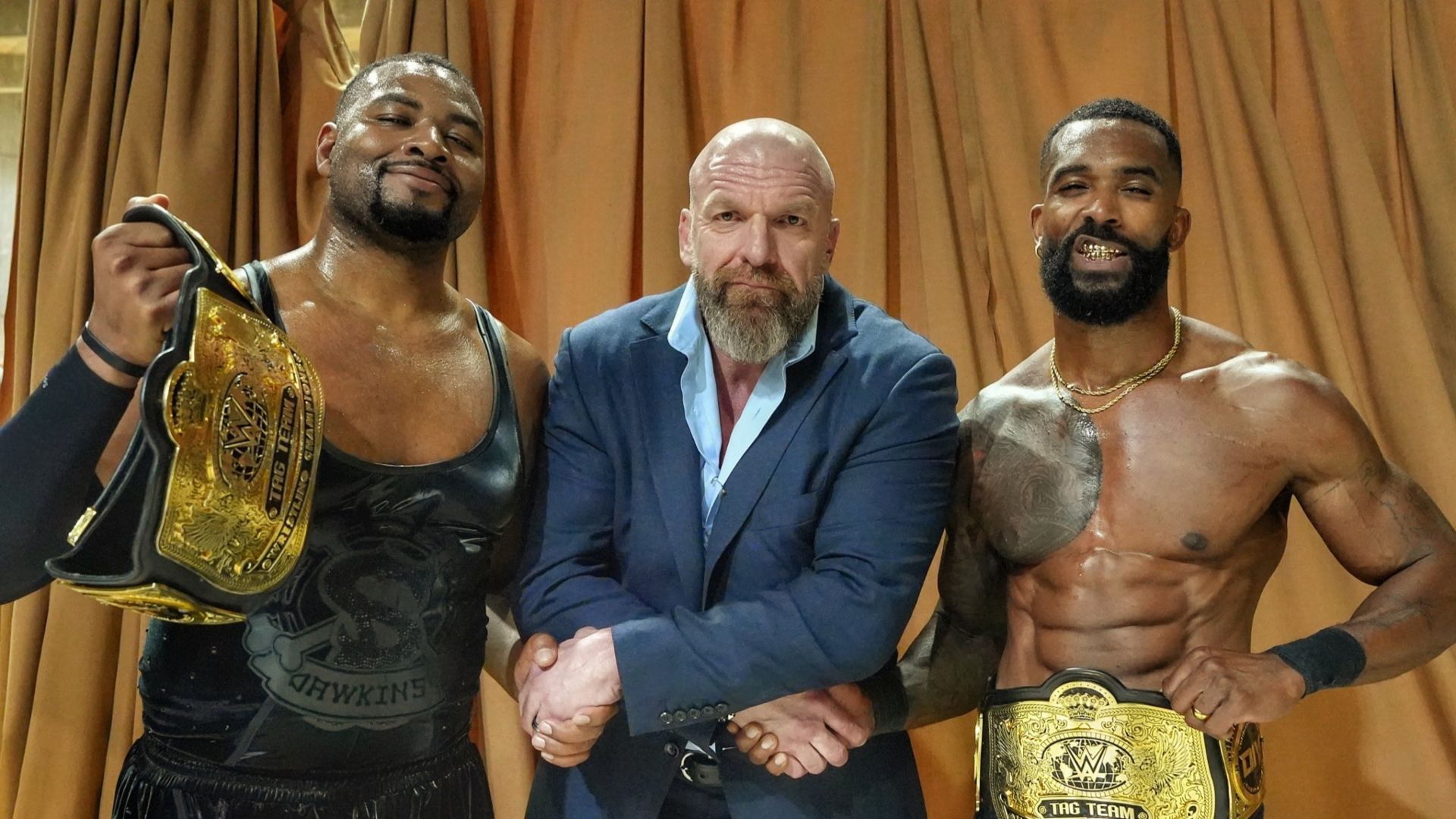 (From the left) Angelo Dawkins, Triple H, and Montez Ford [Image Credits: Triple H