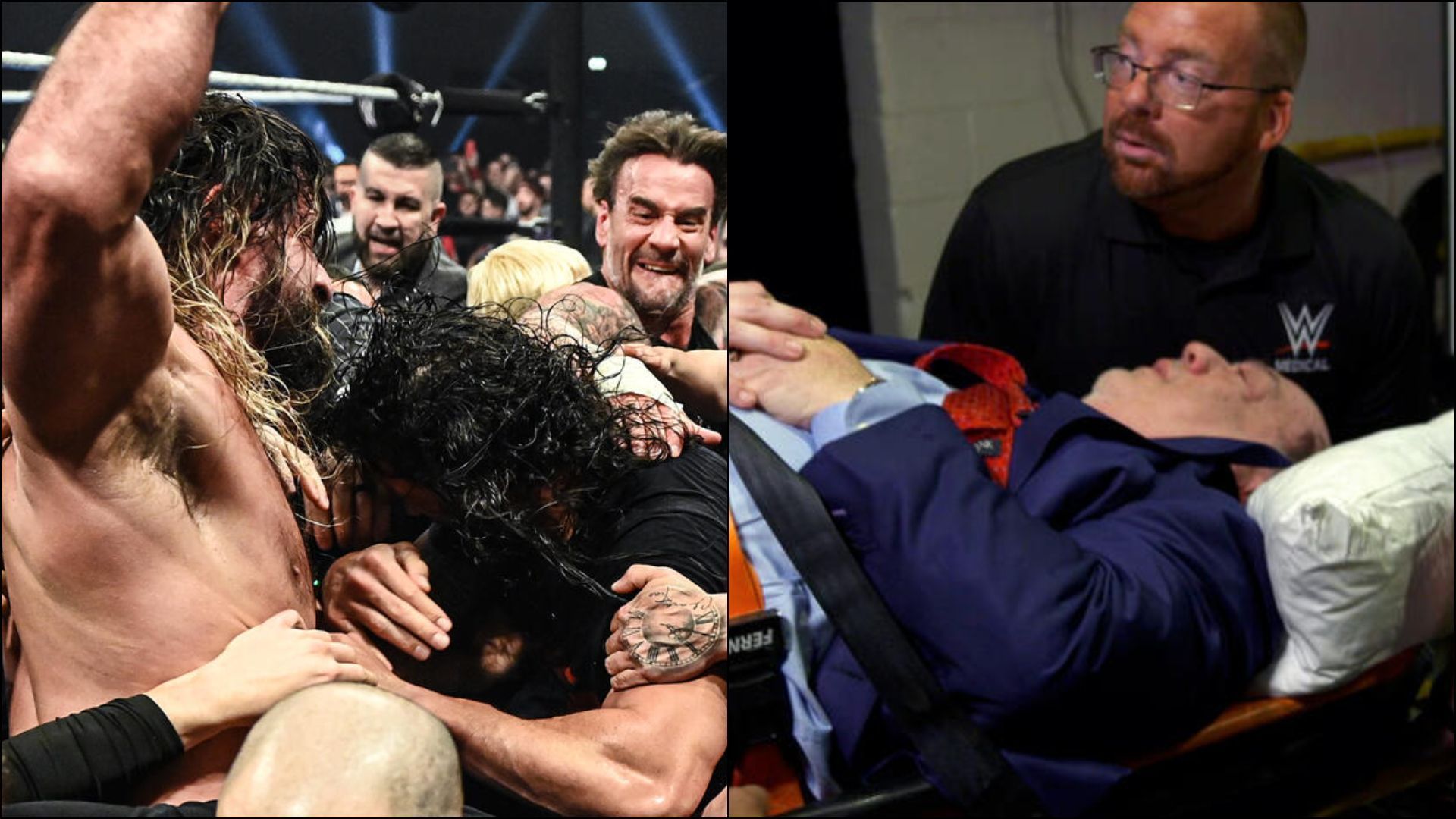 Seth Rollins, Roman Reigns, and CM Punk (L) Paul Heyman (R) (Image credits: wwe.com)