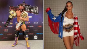 Matt Cardona reacts as WWE champion Chelsea Green is injured before being pinned