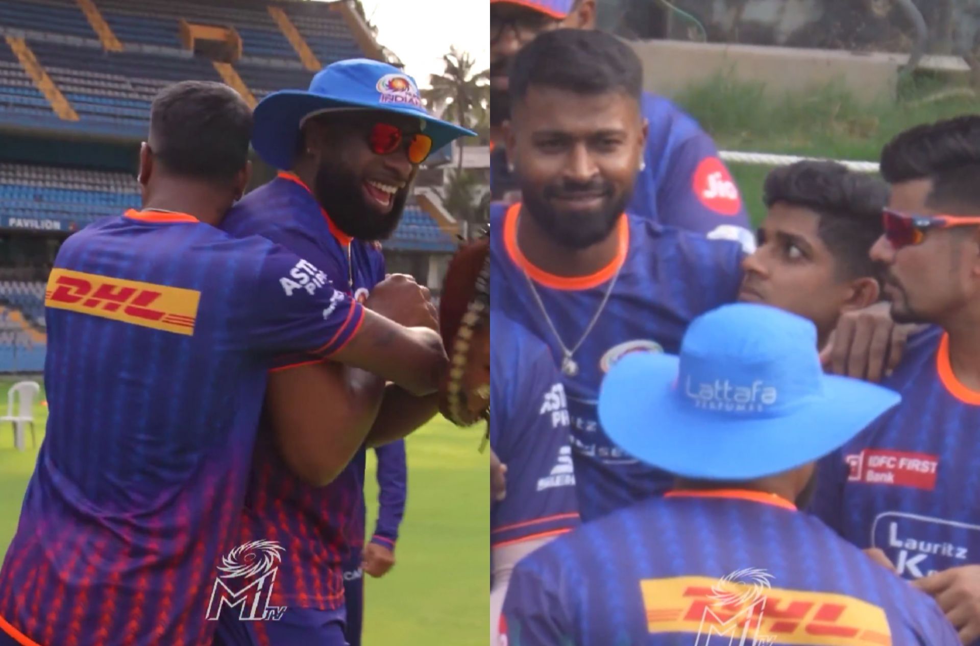 Hardik Pandya with his teammates at the Wankhede Stadium ahead of IPL 2025. (Image: MI/X)