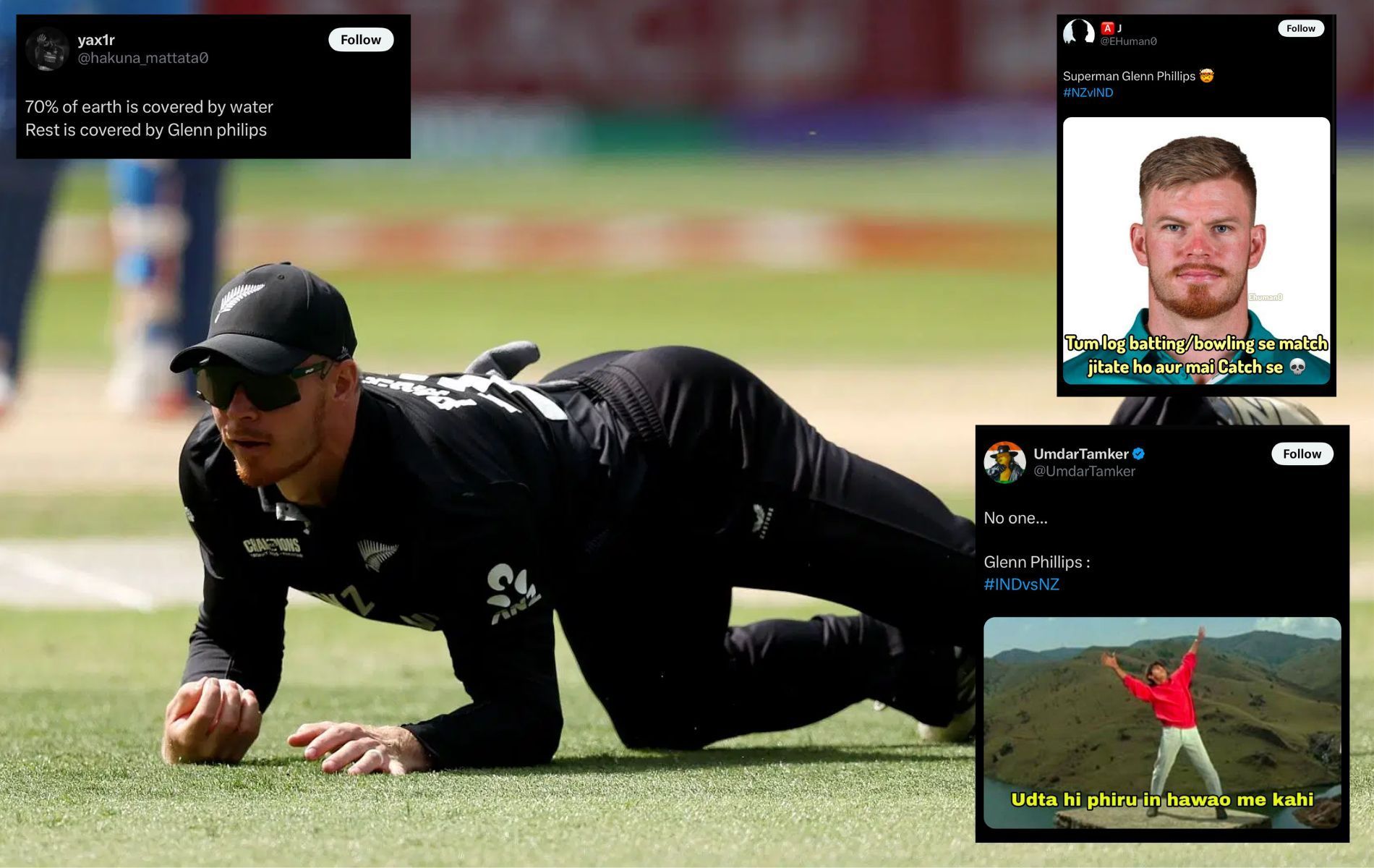 Glenn Phillips took a stunning catch to dismiss Virat Kohli. (Pics: Getty Images/X/@UmdarTamker/@hakuna_mattata0/@EHuman0).