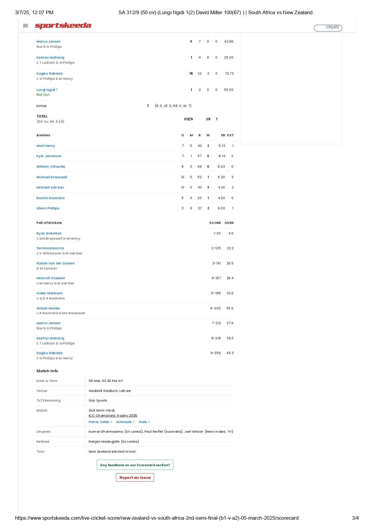 SA vs NZ 2025 Champions Trophy 2025 semifinal scorecard. [Credits: Sportskeeda]